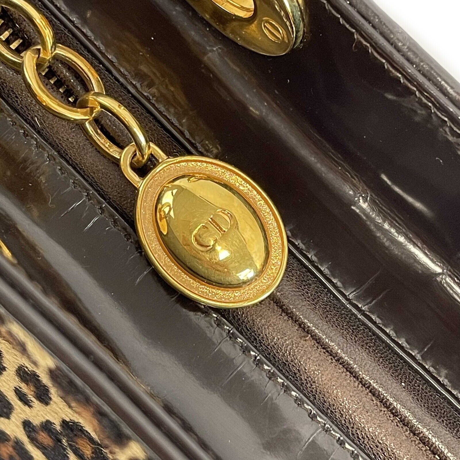 Christian Dior Leopard Print Lady Dior Bag - Black Patent Leather Medium Top Handle Purse for Women | Perfect for Work, Parties & Special Occasions