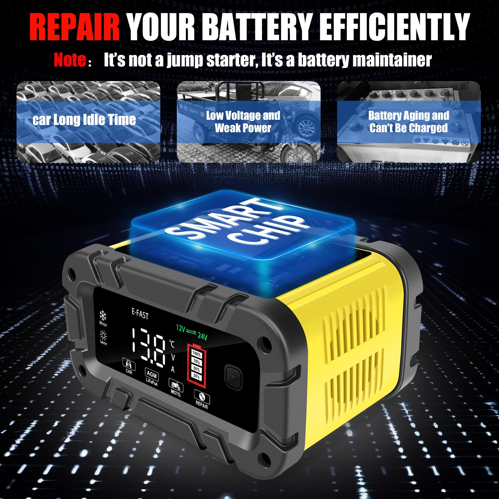 E-FAST 20A Smart Battery Charger for 12V/24V LiFePO4 & Lead Acid - Automatic Car Battery Charger & Maintainer - Portable Trickle Charger for Automotive, Truck, Motorcycle, Lawn Mower, Boat - Perfect for Winter Storage & Long-Term Vehicle Maintenance