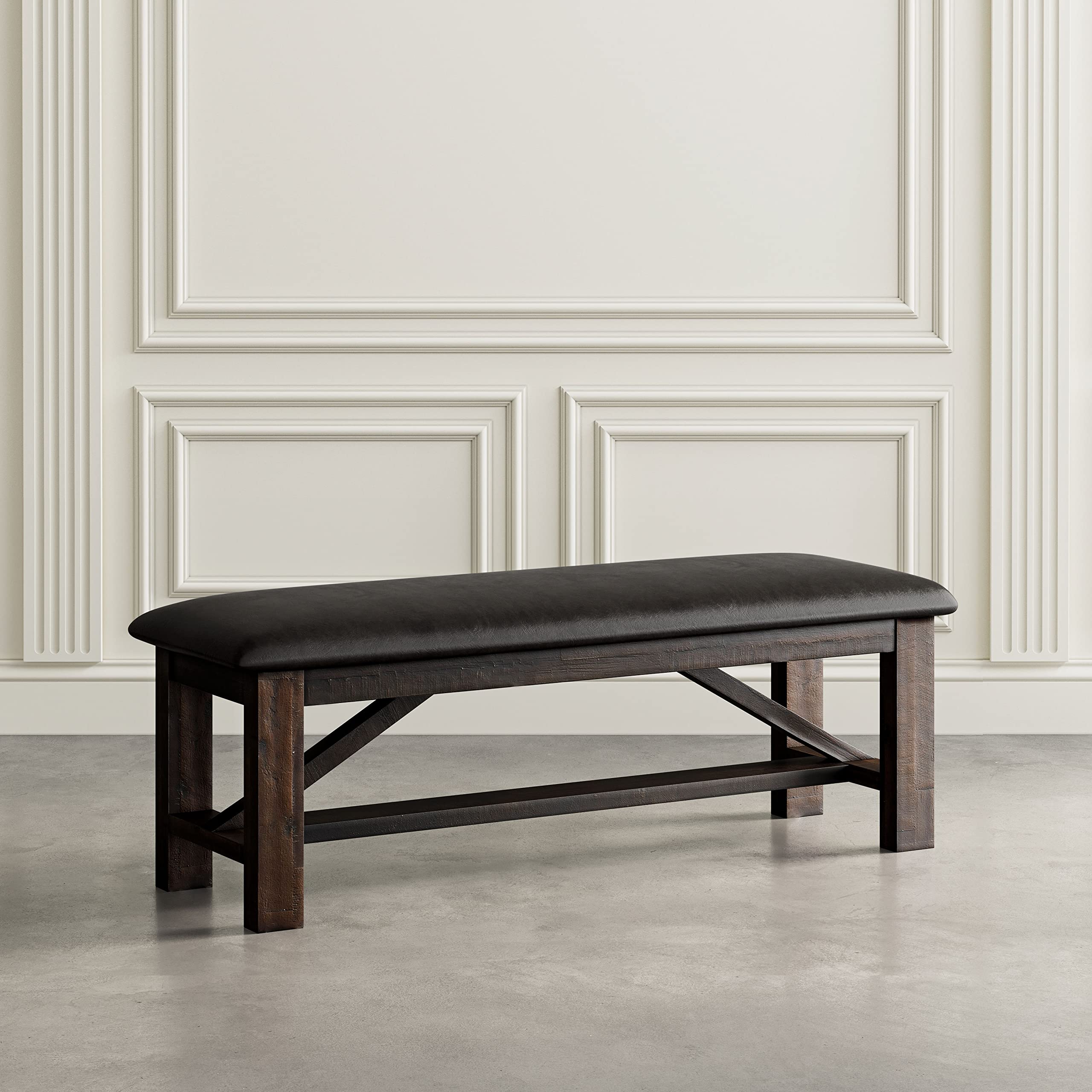 **Distressed Acacia Wood Upholstered Dining Bench – Rustic Farmhouse Style for Kitchen, Dining Room, or Entryway Seating**
