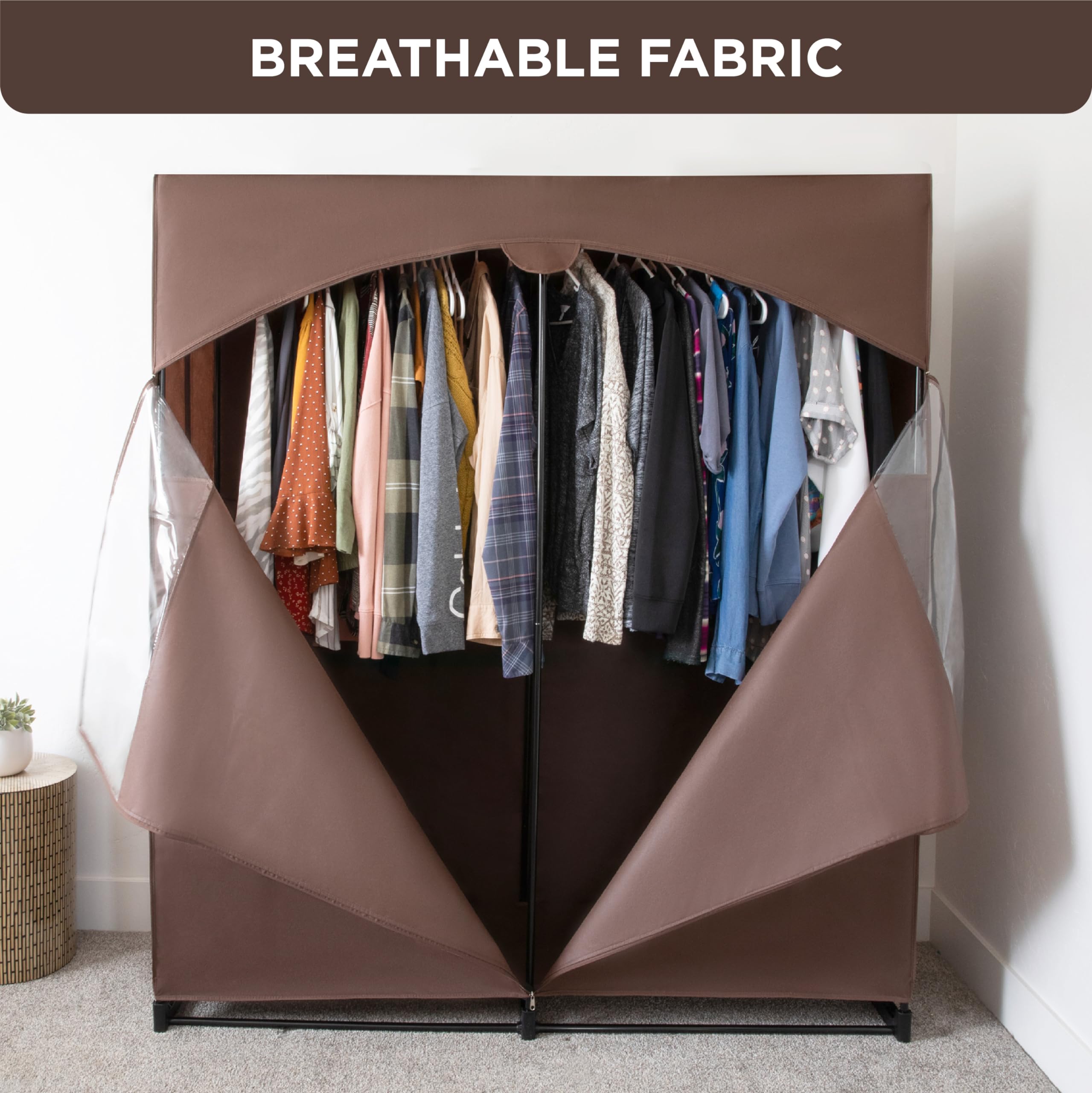 Premium Heavy Duty Portable Wardrobe Closet with Metal Hanging Rod & Brown Cover - 50 LB Weight Capacity - Easy No-Tool Assembly for Travel, Camping & Temporary Storage