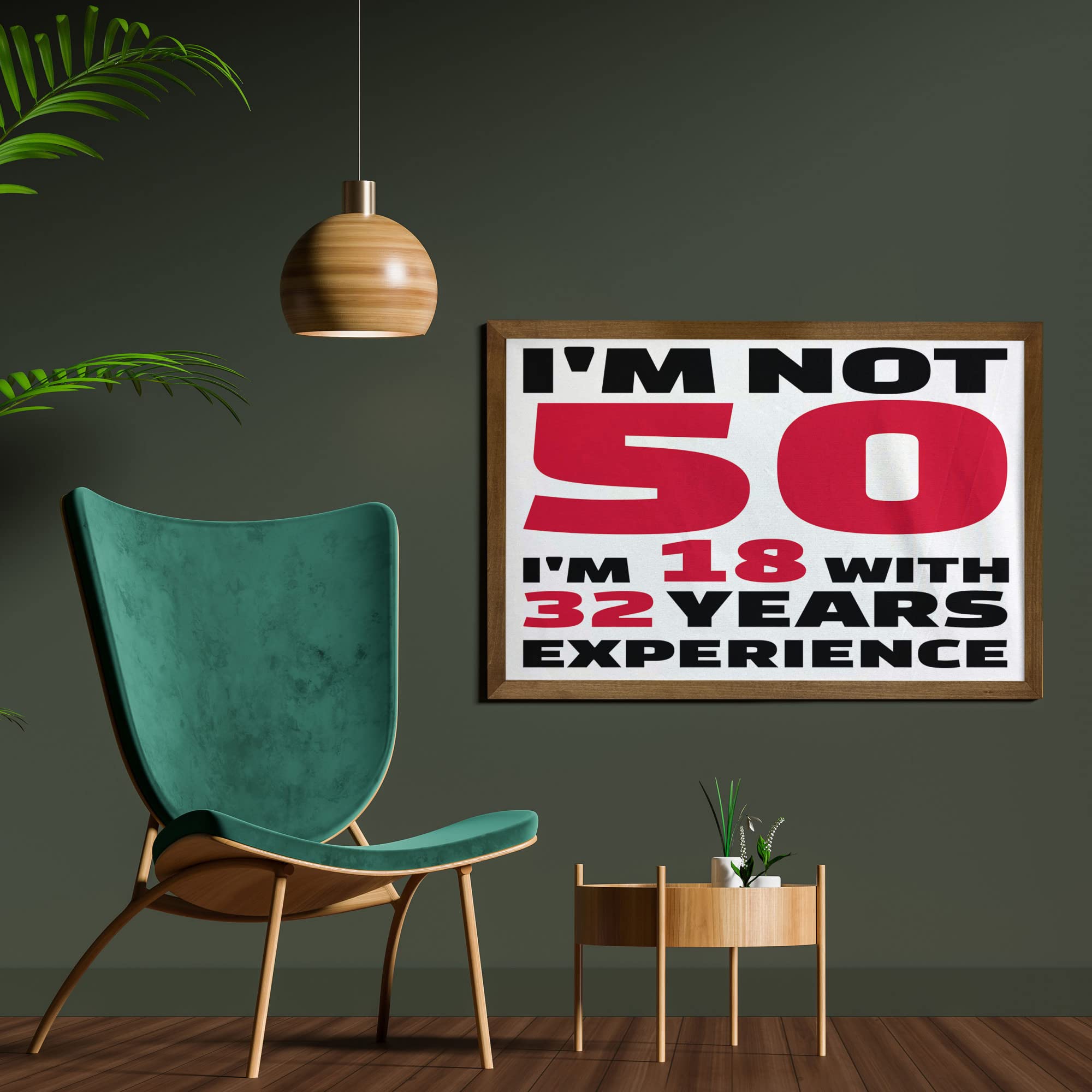 Ambesonne 50th Birthday Framed Wall Art - 'Forever 18' Motivational Quote Fabric Poster with Teak Wood Frame (35x23 Inch) - Red Black White Home Decor for Living Room, Bedroom & Office