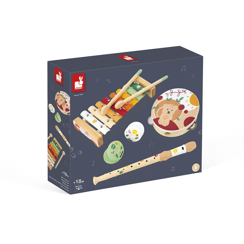 Janod Musical Set of 5 Wooden Instruments for Kids - Sunshine Themed Percussion Toys for Early Childhood Development - Perfect for Preschool Music Education & Sensory Play