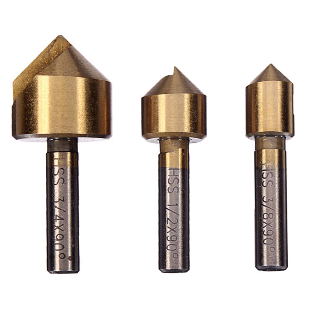 3PCS Single Flute 90 Degree Edge Chamfer Set Countersink Drill Bits - High Speed Steel HSS Tool for Woodworking, Metalworking & DIY Projects - Perfect for Countersinking Screws in Furniture, Cabinets and Metal Parts