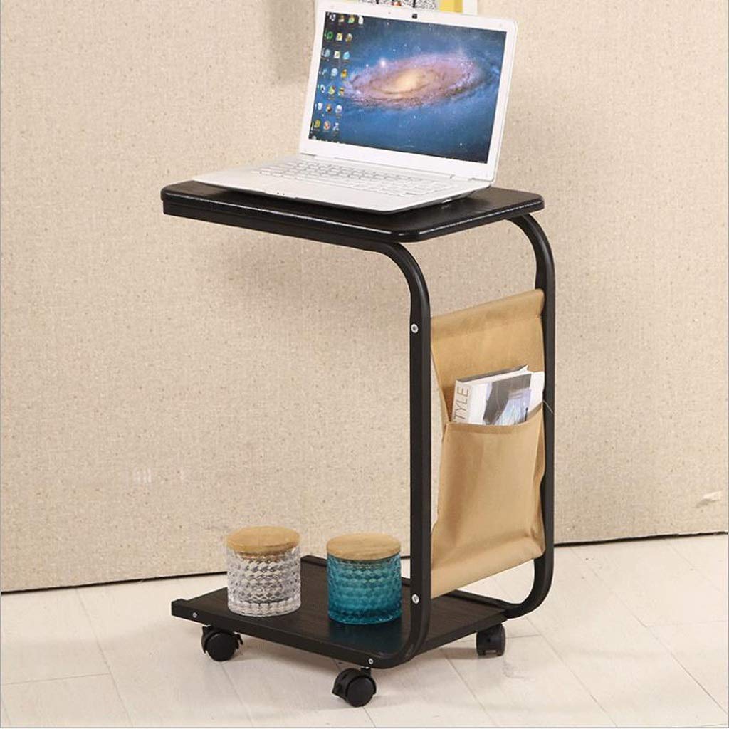 Black C-Shaped Mobile Sofa Table with Wheels - Accent Side Table, End Table, Coffee Table with Storage Shelf & Magazine Bag - Perfect for Living Room, Bedroom, or Office Use