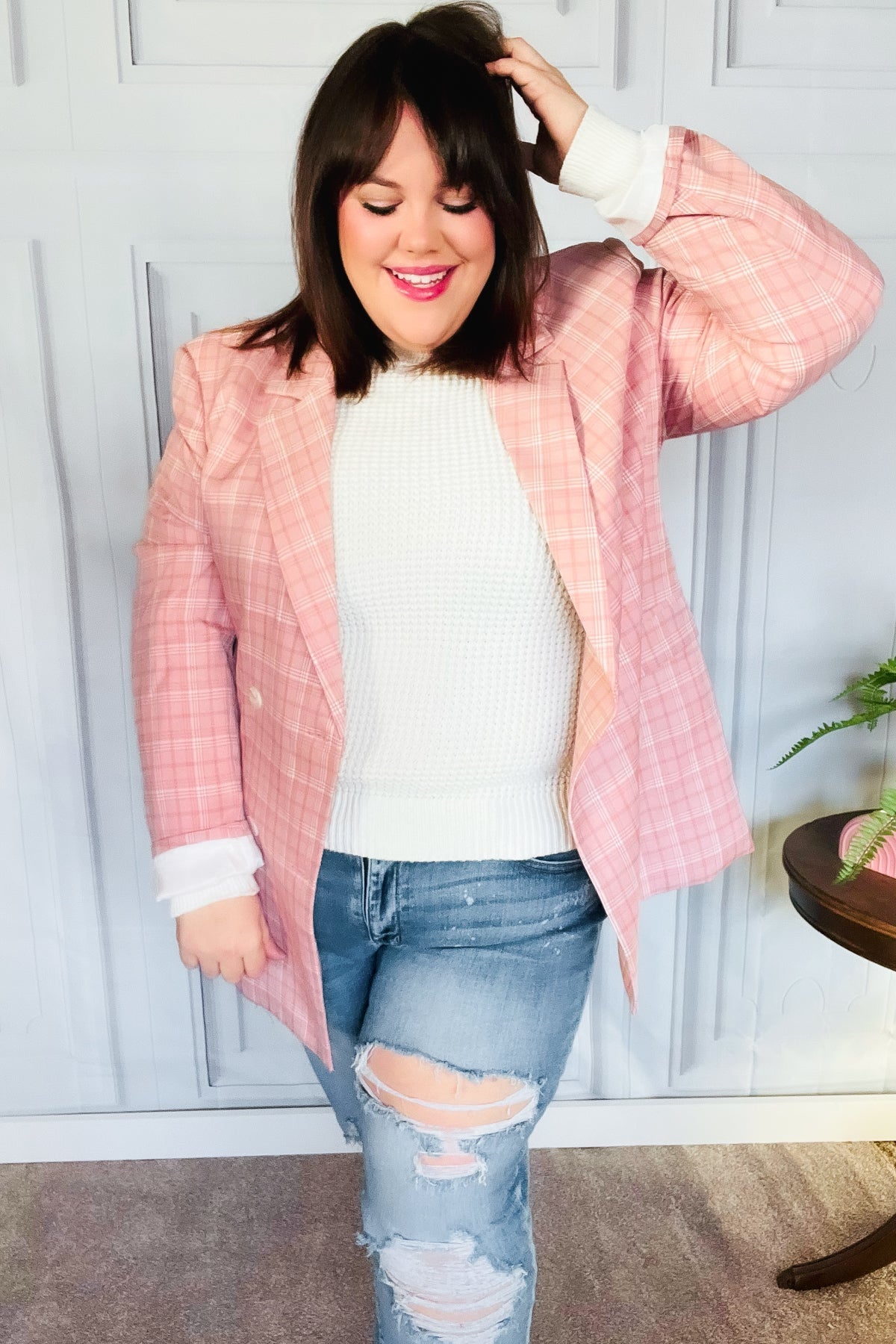 Stylish Pink Plaid Double Breasted Blazer with Lapel Collar - Perfect for Office Wear, Business Meetings & Formal Events