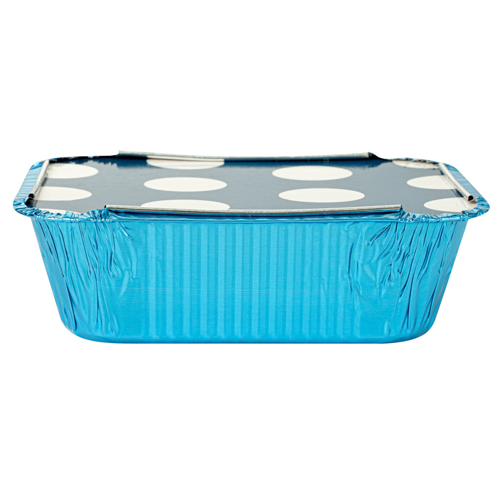 12 oz Rectangle Blue Aluminum Take Out Containers with Polka Dot Paper Lids - 5.75