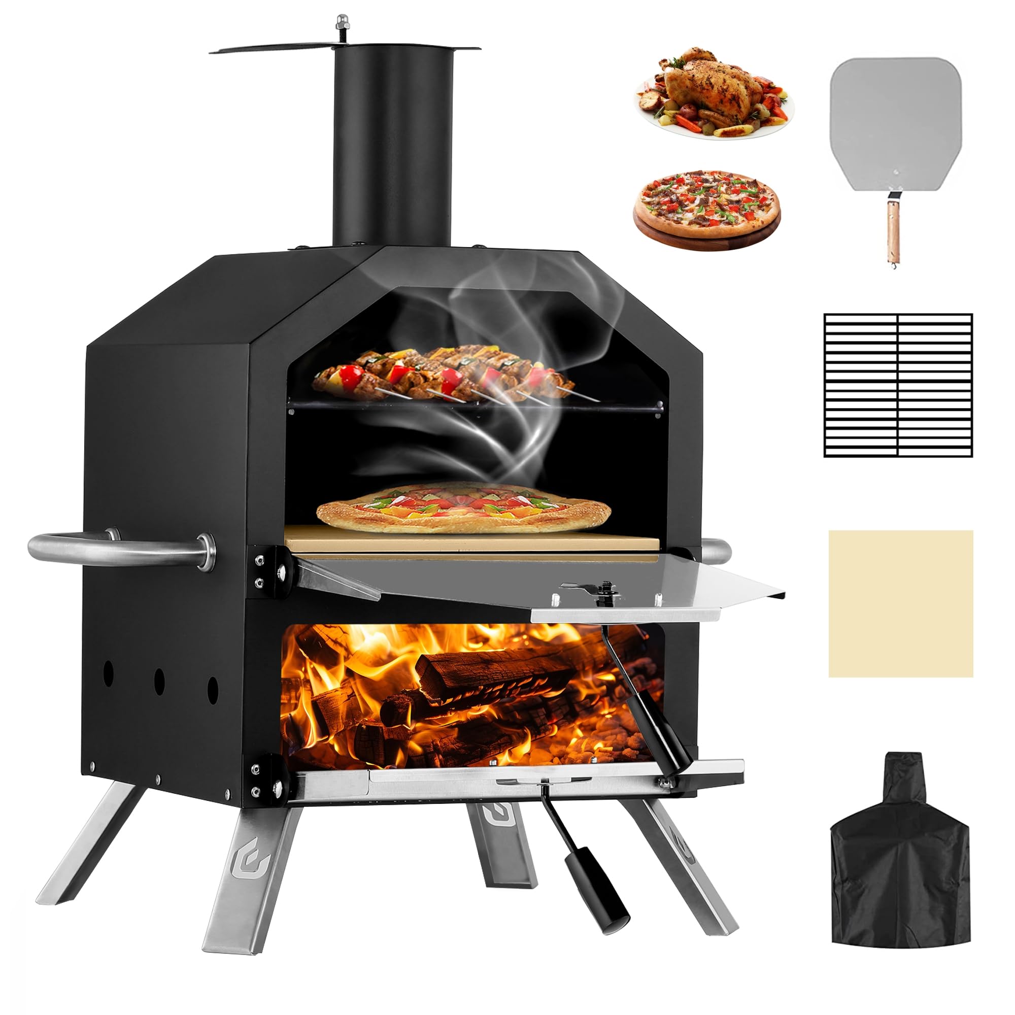 Outdoor Wood Fired Pizza Oven with Pizza Stone, Peel & Rack - 26 Inch Portable Camping Oven with Waterproof Cover & Folding Legs for Backyard, BBQ, Picnics & Gifts | Perfect for Outdoor Cooking, Parties & Family Gatherings