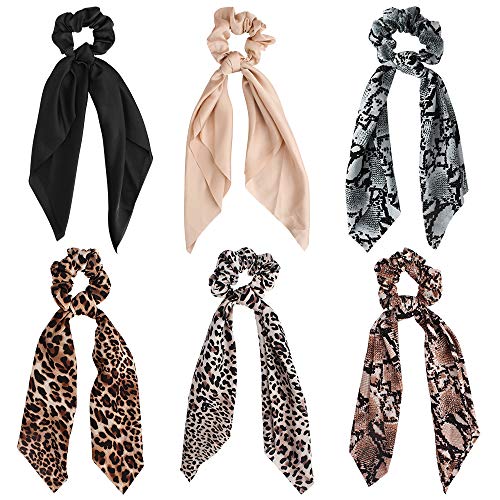 TOBATOBA 6 Pack Leopard Print Large Hair Scrunchies - Extra Long Thick Scrunchy Hair Ties for Women, Polka Dot & Snake Skin Patterns, Solid Color Elastic Ponytail Holders - Perfect for Bun, Braid & Everyday Hairstyles