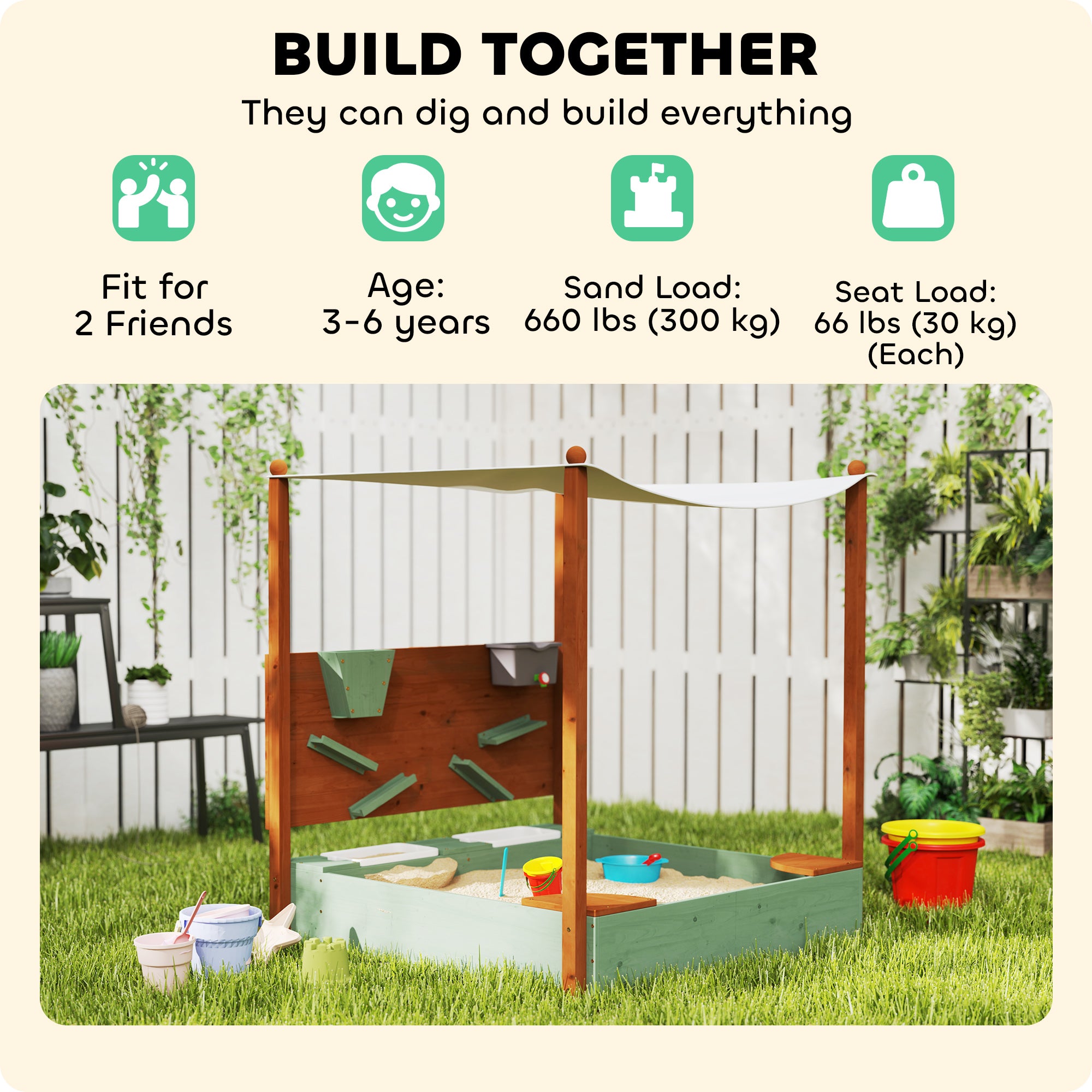 Qaba Wooden Kids Sandbox with Canopy - 46 x 44 x 50 Inch Outdoor Sand Play Box with Shade Cover, Sand Walls & Bottom Liner - Safe Sandpit for Toddlers Ages 3-6 Years - Perfect for Backyard, Garden & Playground Fun (Green)
