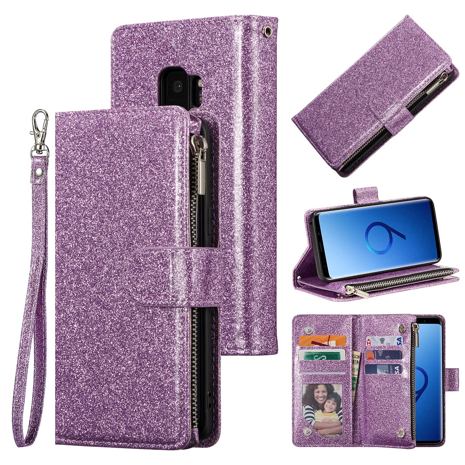 UEEBAI PU Leather Wallet Case for Samsung Galaxy S9 - Magnetic Closure with Card Slots, Kickstand & Hand Strap | Glitter Purple Women's Phone Cover for Daily Use, Travel & Shopping