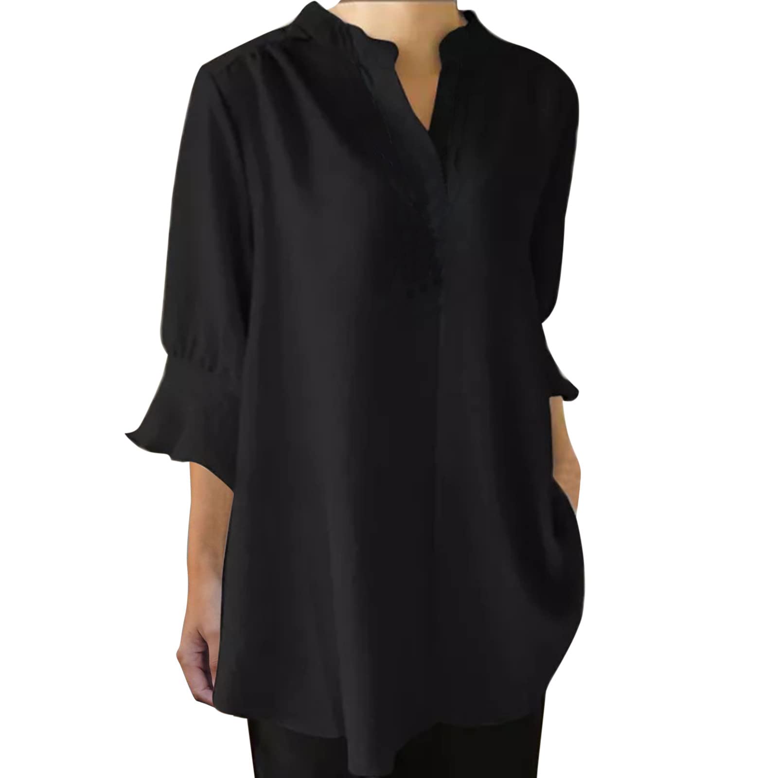 Women's Summer Linen V-Neck Half Sleeve Casual Blouse - Breathable Work Shirt for Office & Outings | Black Solid Top for Women