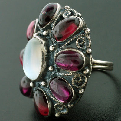 Vintage Moonstone and Garnet Cluster Ring - Sterling Silver Statement Jewelry for Women - Perfect for Boho, Retro, and Vintage Fashion Lovers