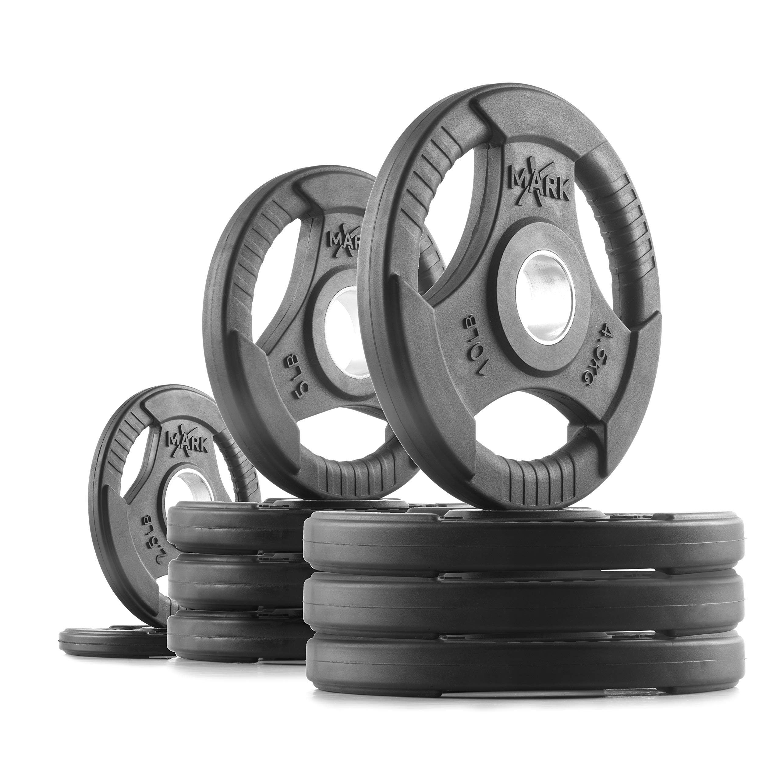 XMark Olympic Weight Set with 7' Olympic Barbell Bar & Tri-Grip Weight Plates - Professional Home Gym Equipment for Strength Training & CrossFit Workouts