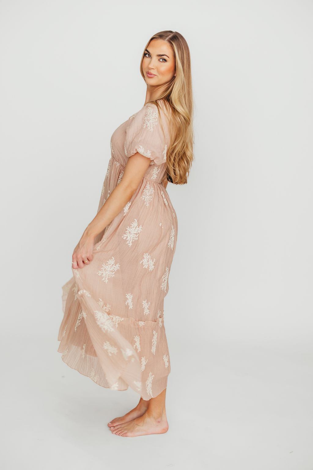 Hallie Embroidered Maxi Dress in Blush Pink - Bump Friendly Maternity Dress with Inclusive Sizing (S-3XL) | Perfect for Weddings, Baby Showers & Summer Vacations