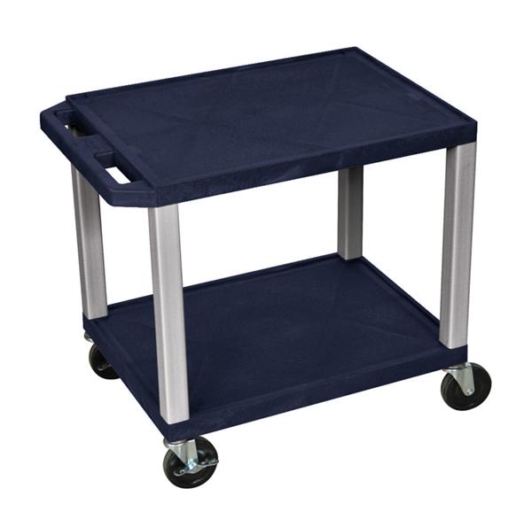 Luxor Tuffy Navy Blue 2 Shelf AV Cart with Nickel Legs & Electric Outlet - Perfect for Classroom, Office, or Home Theater Media Storage