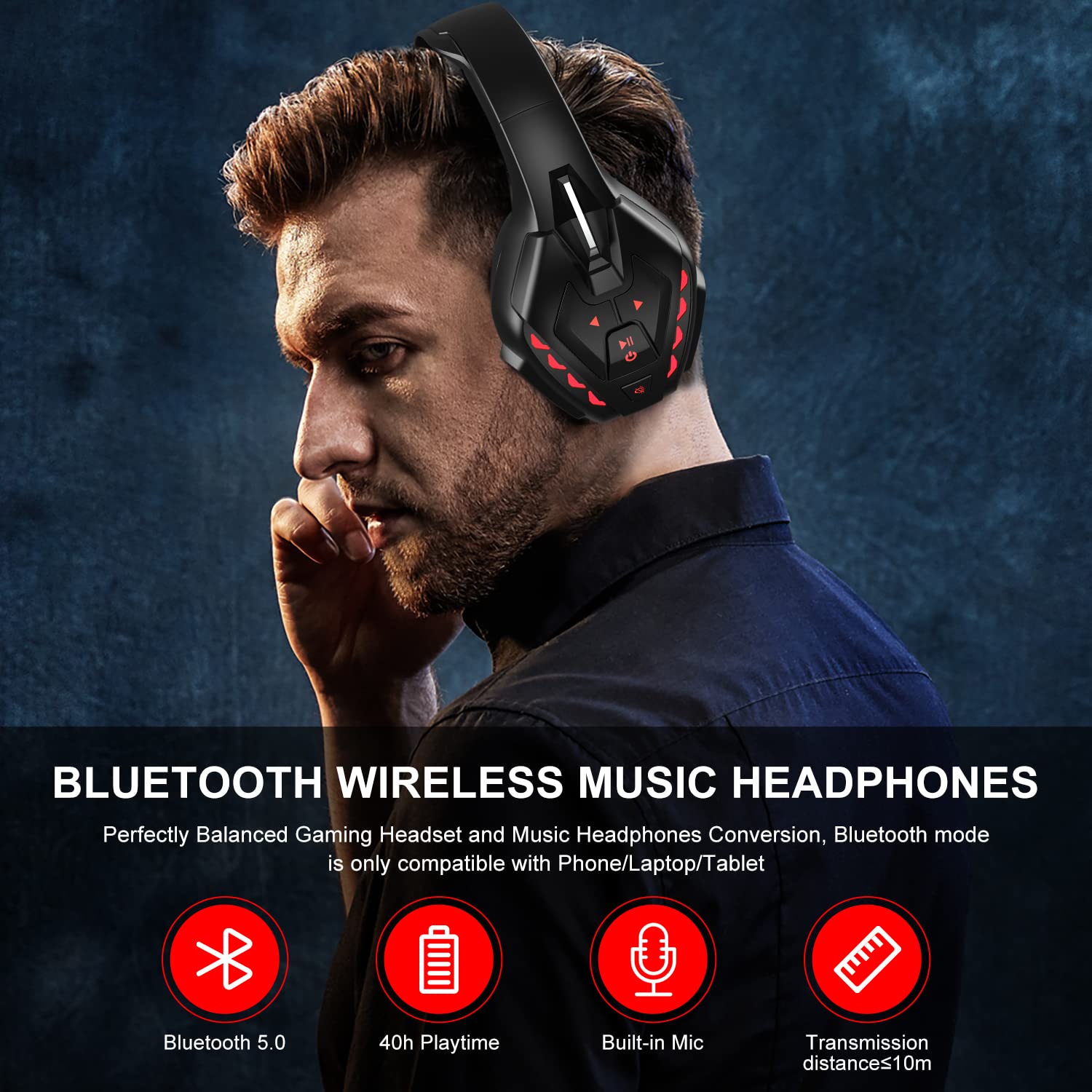 PHOINIKAS PS5 Gaming Headset - Wireless Bluetooth 5.3 Headphones with Stereo Sound & Detachable Mic for PS4, PS5, PC, Nintendo Switch, Xbox One, Laptop, Phone & Tablet - 40H Playtime (Red) | Perfect for Gaming, Streaming & Online Meetings