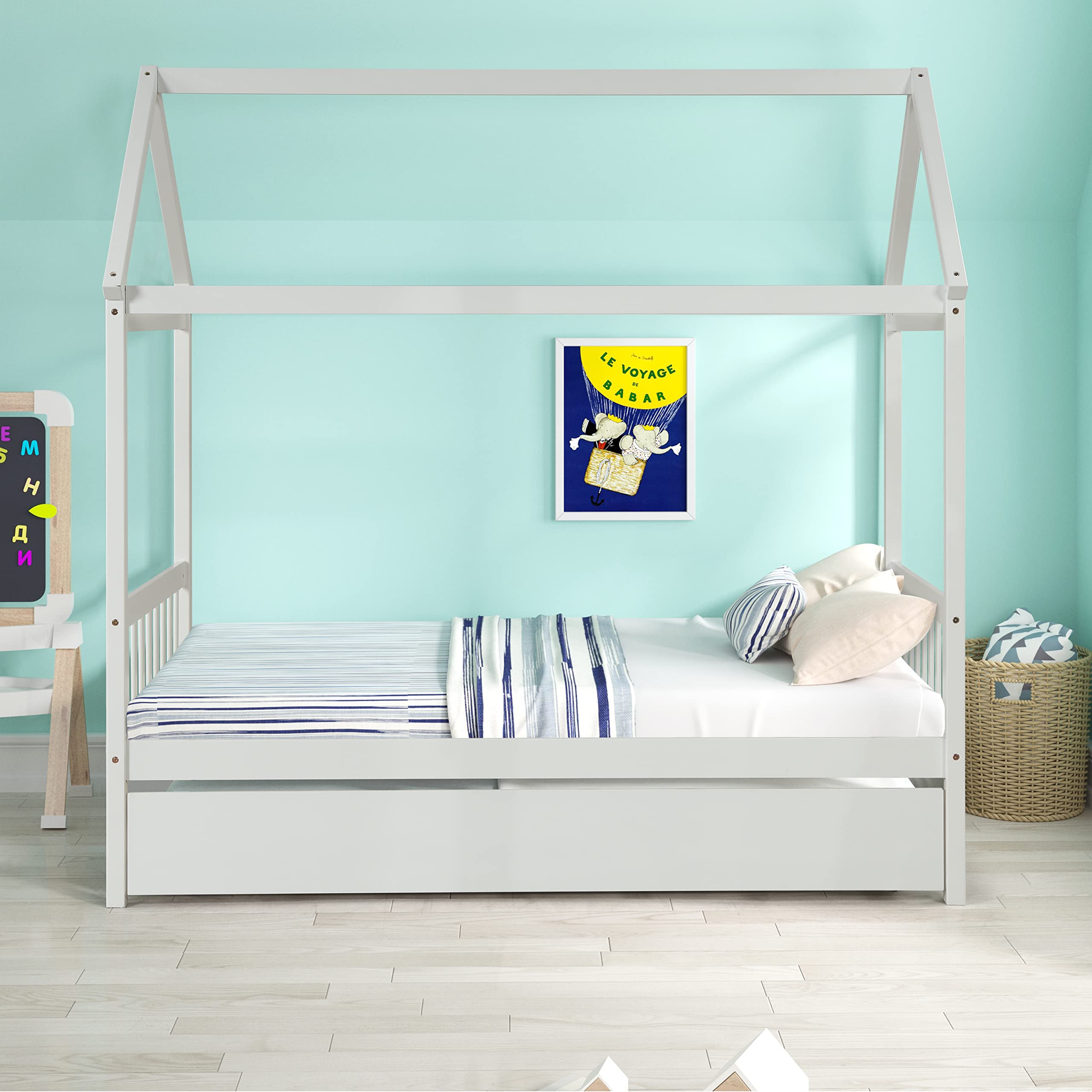 Merax Twin Size Wooden House Bed with Trundle - White Kids Bed Frame with Roof, Headboard & Footboard for Girls and Boys | Perfect for Bedroom Decor & Playtime