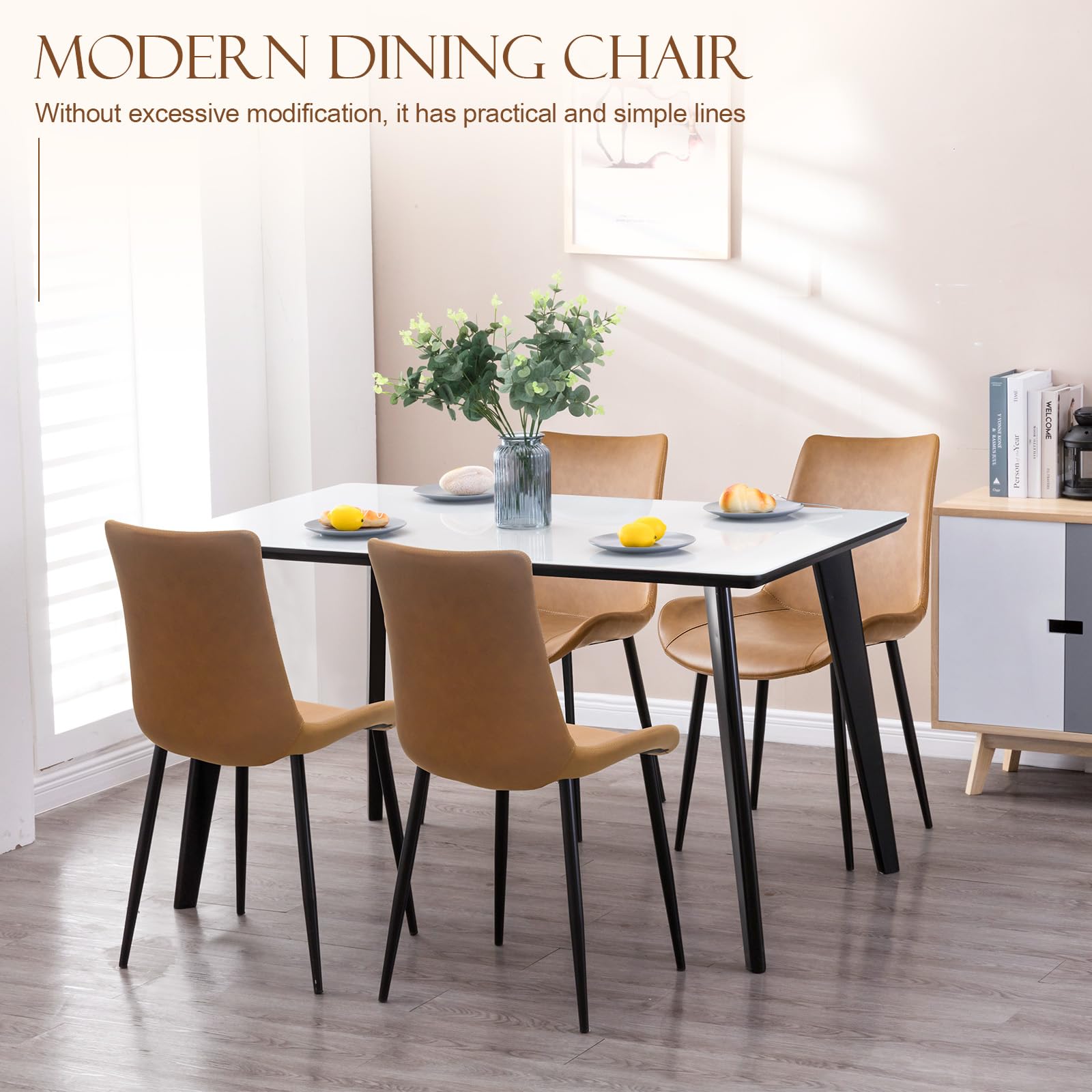 Modern PU Leather Dining Chairs Set of 2 - Sturdy Metal Legs & Upholstered Seats - Brown Accent Side Chairs for Kitchen, Living Room & Dining Room - Perfect for Family Dinners & Entertaining Guests