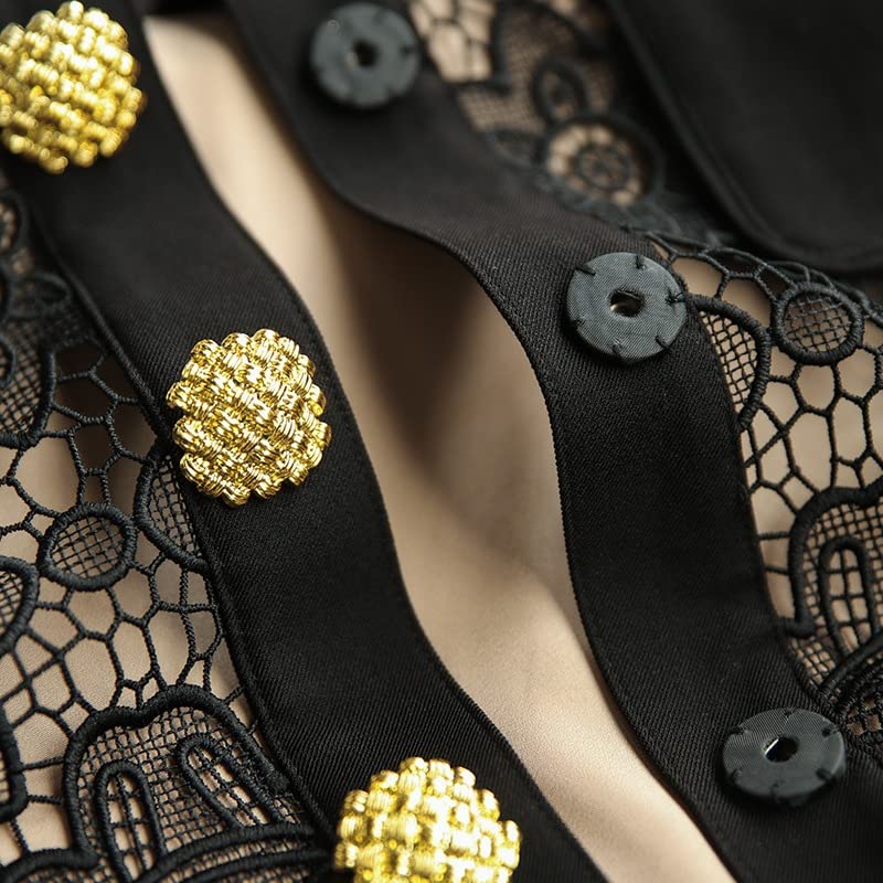Elegant Black Lace Hollow Out Embroidery Bodycon Dress with Gold Buttons & Peter Pan Collar - Summer Short Sleeve Belted Dress for Women | Perfect for Cocktail Parties, Date Nights & Special Occasions