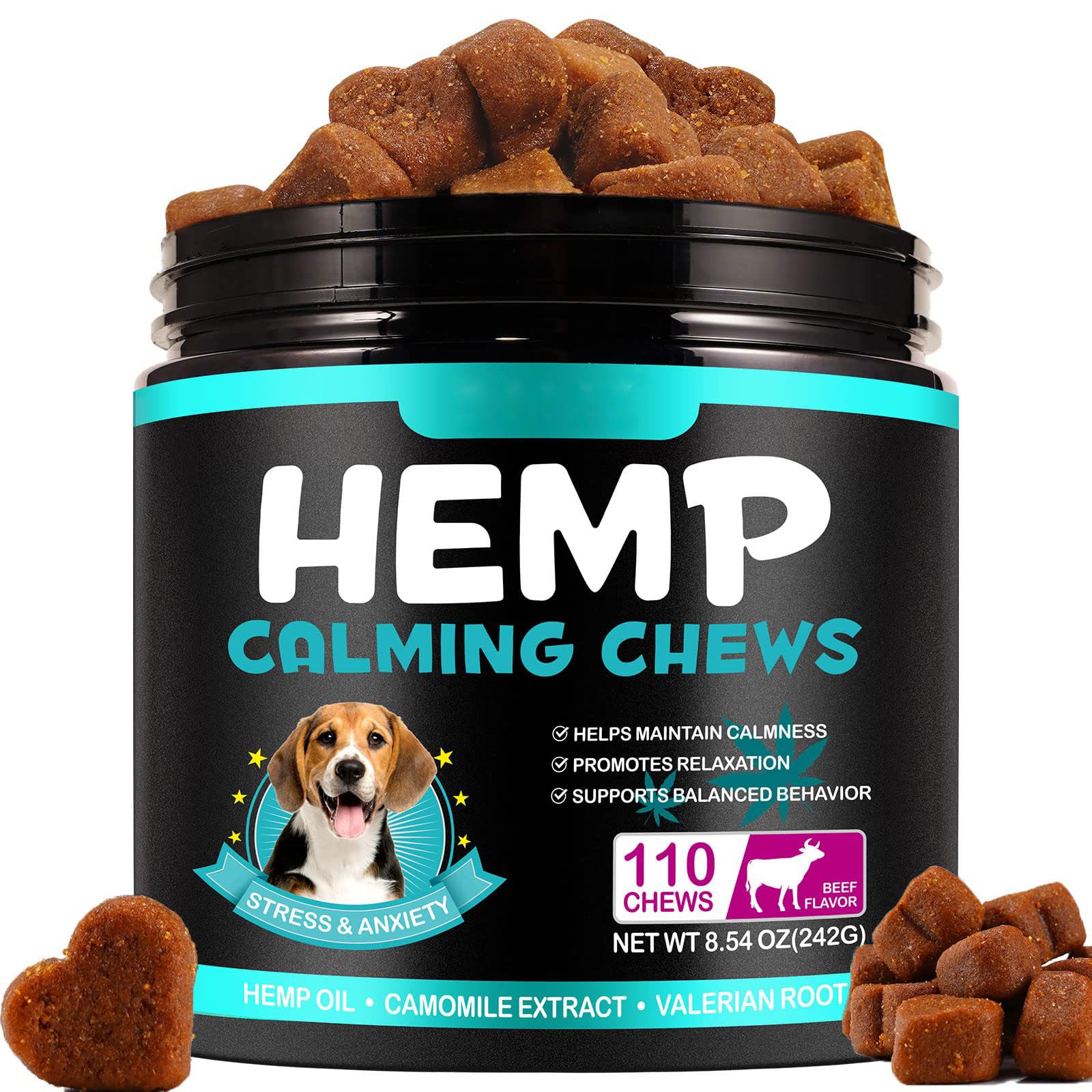 Yecuce Calming Chews for Dogs - Anxiety & Stress Relief Treats with Beef Flavor (110 Count) - Helps Reduce Barking, Separation Anxiety, Thunder & Travel Stress - Perfect for Nervous Dogs During Storms, Vet Visits, and Car Rides