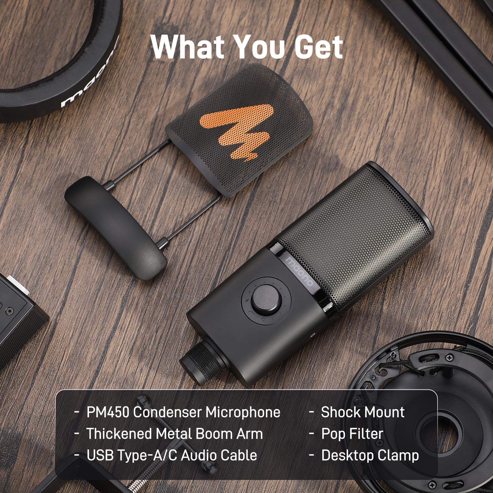 MAONO PM450 USB Condenser Microphone Kit - Professional Studio Mic with Shock Mount, Boom Arm & Software for Podcasting, Streaming, Recording, Singing, Audiobooks & Content Creation - Includes Mute Button, Gain & Volume Control - Perfect for Home Studios & Professional Broadcasts