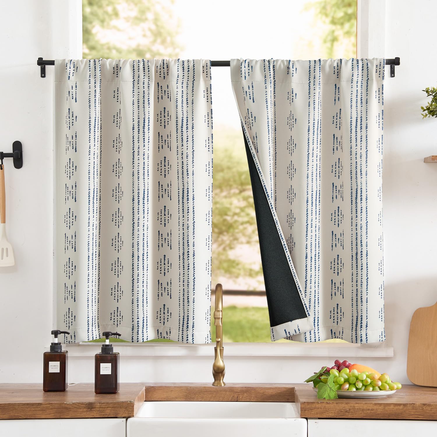 Jinchan 100% Blackout Bohemian Kitchen Curtains 24 Inch - Thermal Insulated Cafe Tier Curtains for Bedroom, RV, Basement - Blue on Beige Drapes for Half Windows | Perfect for Room Darkening & Energy Savings in Boho Style Homes