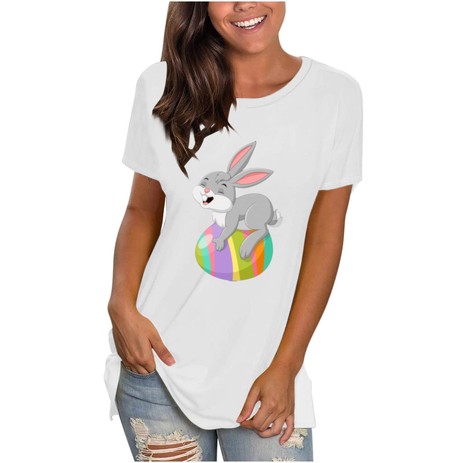Naittoop Women's Fashion Short Sleeve T-Shirt - Cute Rabbit & Easter Egg Print Round Neck Pullover Top for Casual Wear | Spring Outfits, Holiday Party, Daily Comfort