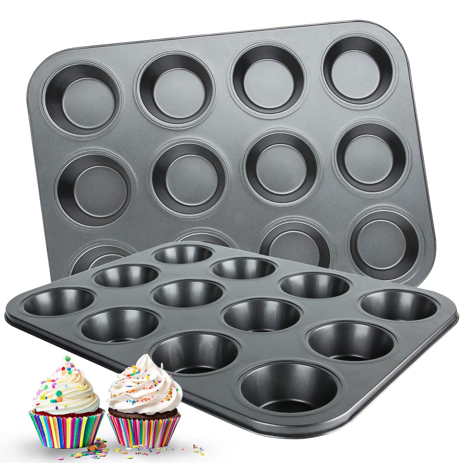 Nonstick 12-Cup Muffin Pan Set (2 Pack) - Premium Cupcake & Brownie Baking Tray for Oven, 13.9 x 10.5 x 1.2 Inch Black Bakeware - Perfect for Birthday Parties, Holiday Baking & Homemade Desserts