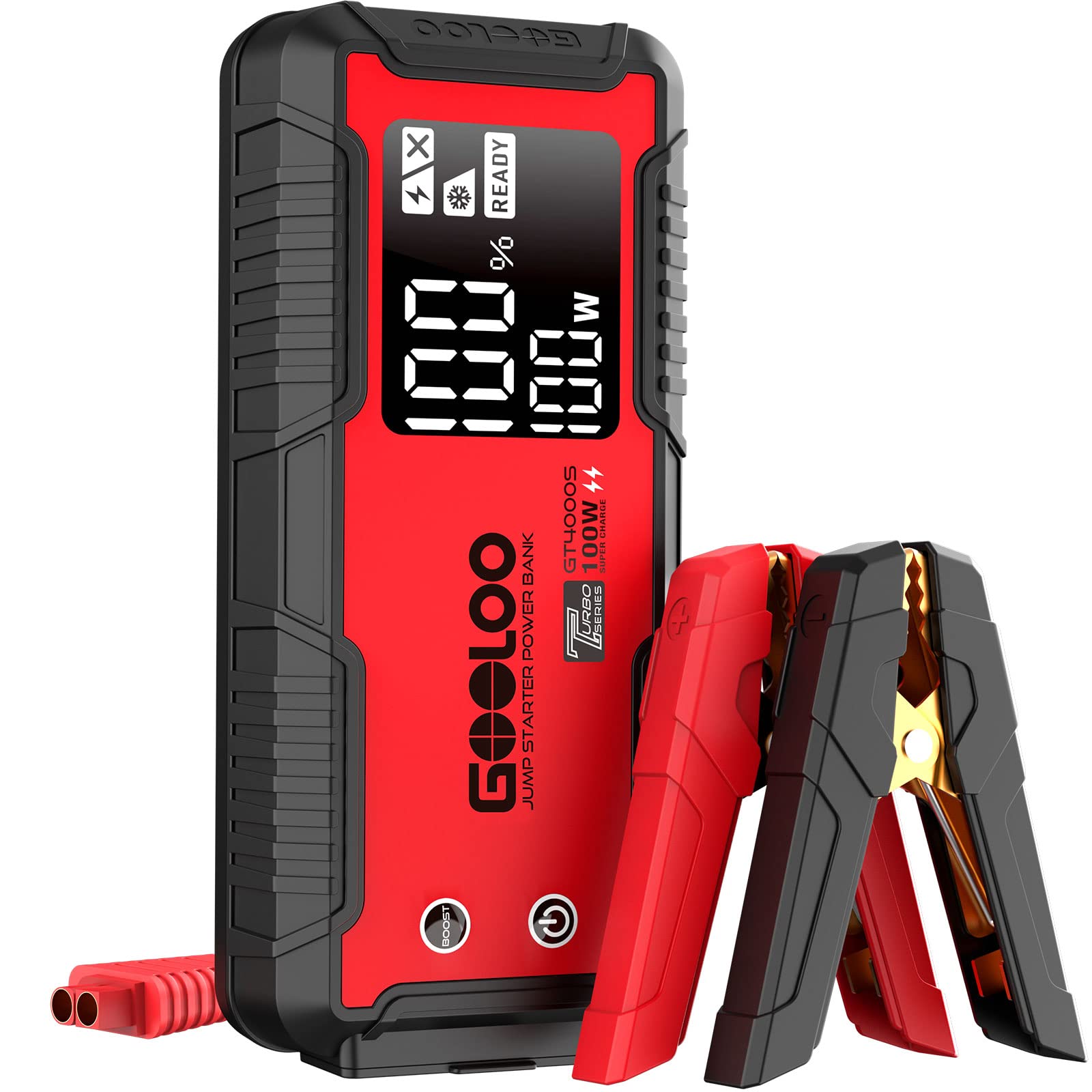 GOOLOO GT4000S 4000A Peak 12V Portable Car Jump Starter - 100W Fast Charging, SuperSafe for 12L Gas & 10L Diesel Engines | Emergency Vehicle Battery Booster for Cars, Trucks, SUVs, RVs, Boats & Power Outages