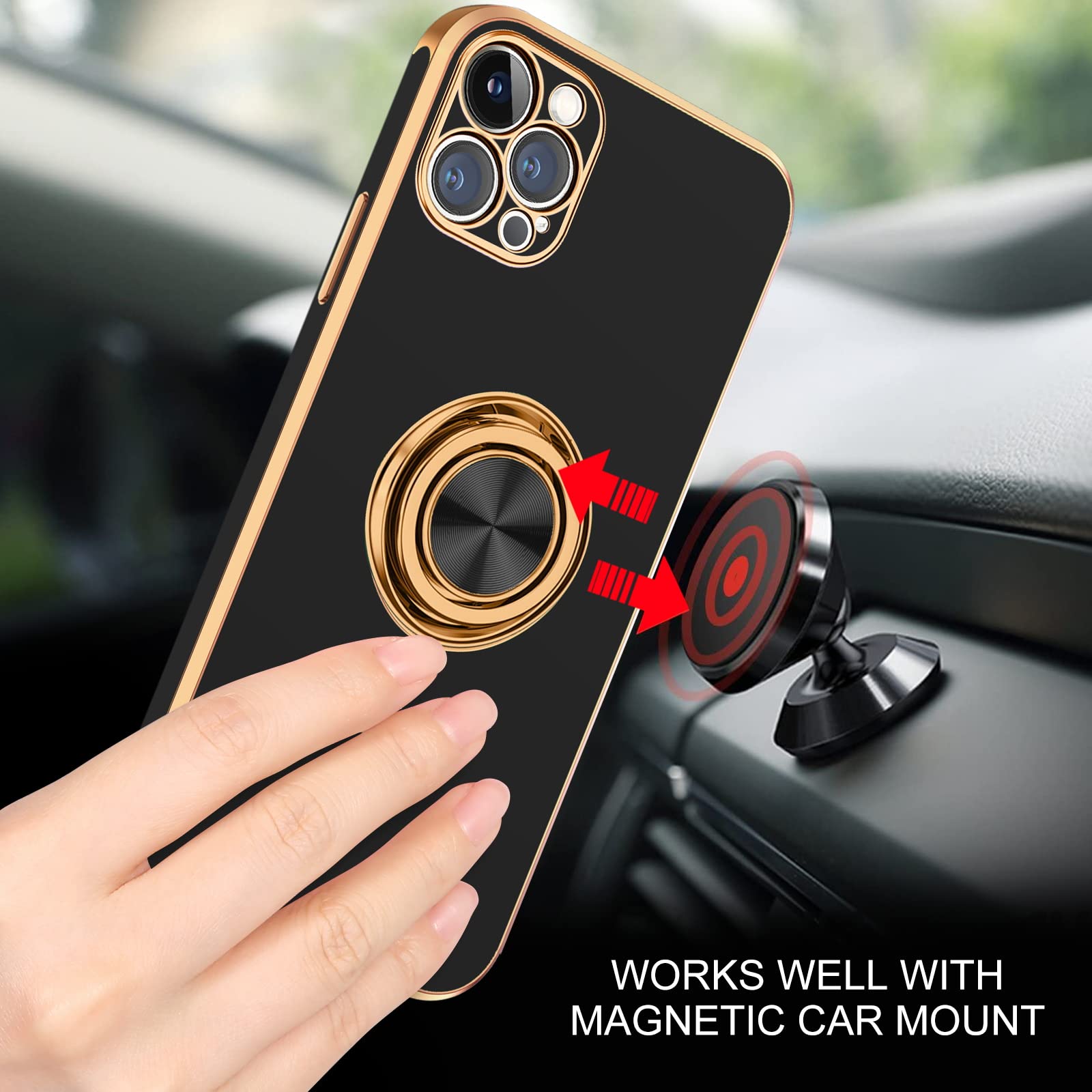 BENTOBEN iPhone 12 Pro Max Case with Ring Holder & Rotating Kickstand - Soft TPU Shockproof Protective Cover for Women (6.7 Inch, Black) | Perfect for Work, Travel & Daily Use