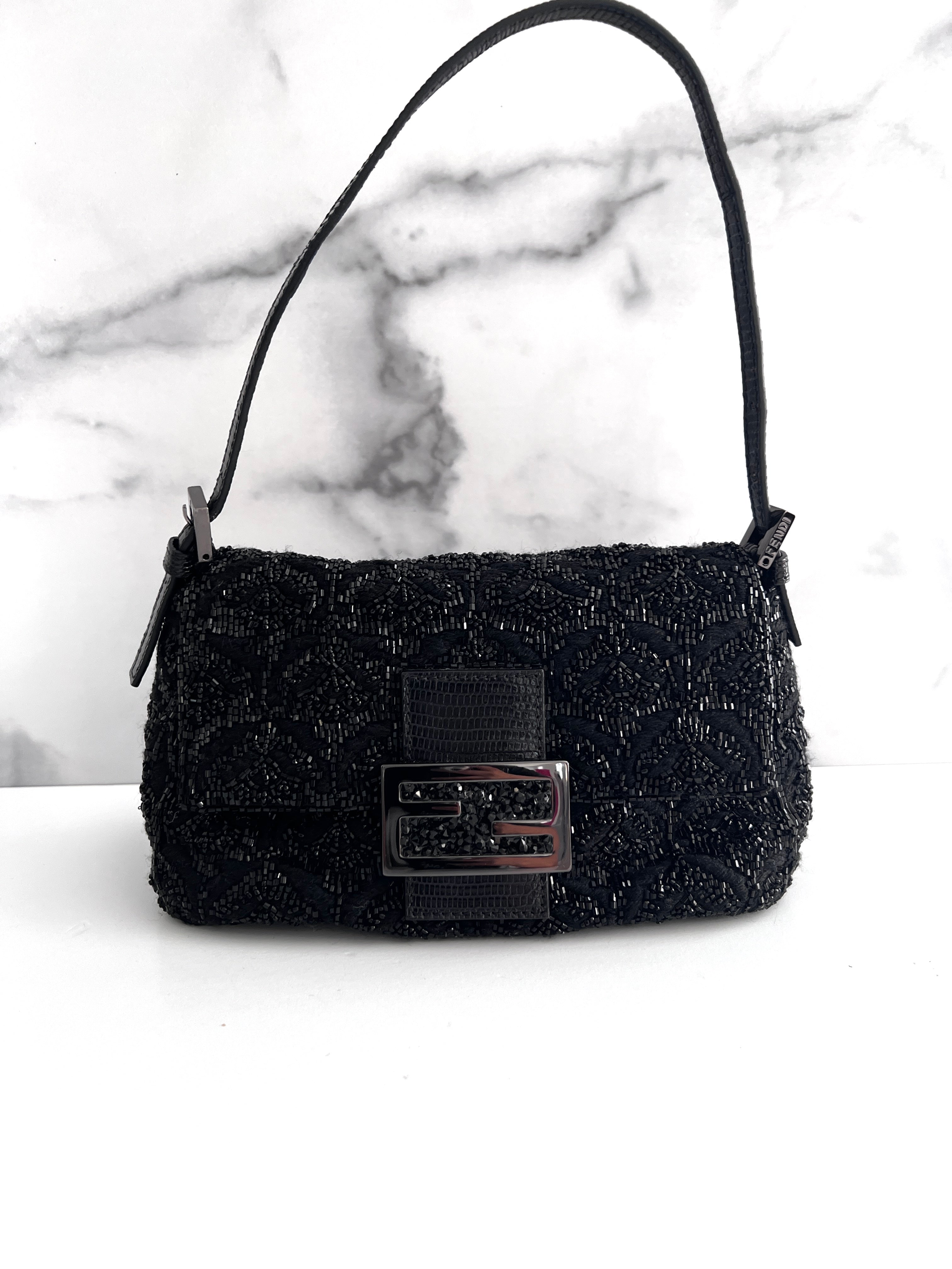 Fendi Black Rose Pattern Beaded Mini Mamma Baguette Bag - Luxury Crossbody Purse for Women, Evening Parties & Special Occasions