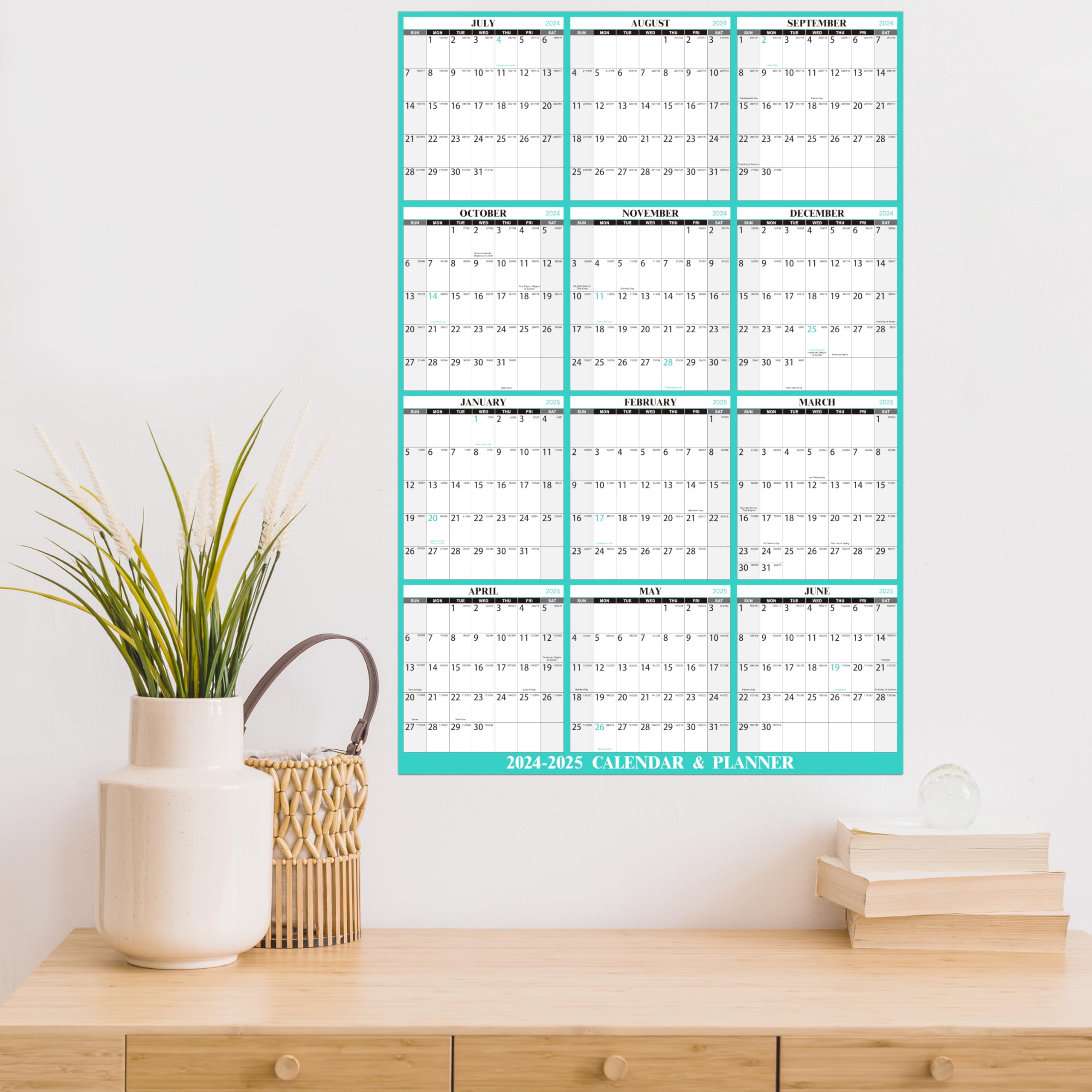2024-2025 Dry Erase Wall Calendar - 12 Month Reusable Whiteboard Calendar from July 2024 to June 2025 with Julian Dates | Perfect for Office, Classroom & Home Planning | Green Design