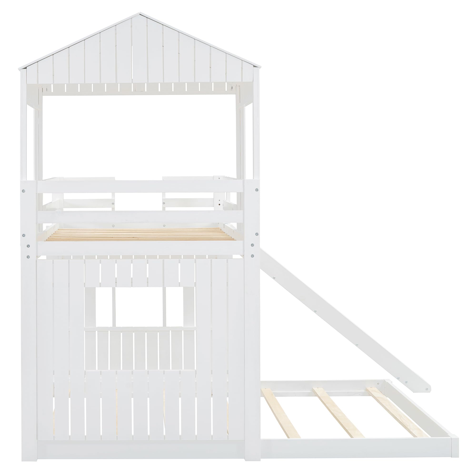 MERITLINE Twin Over Full Bunk Bed with Slide & Playhouse Design - Wooden Kids Bunk Bed with Roof, Windows & Ladder - Safe & Fun Bunk Beds for Boys & Girls in White | Perfect for Kids' Bedrooms, Playrooms & Sleepovers