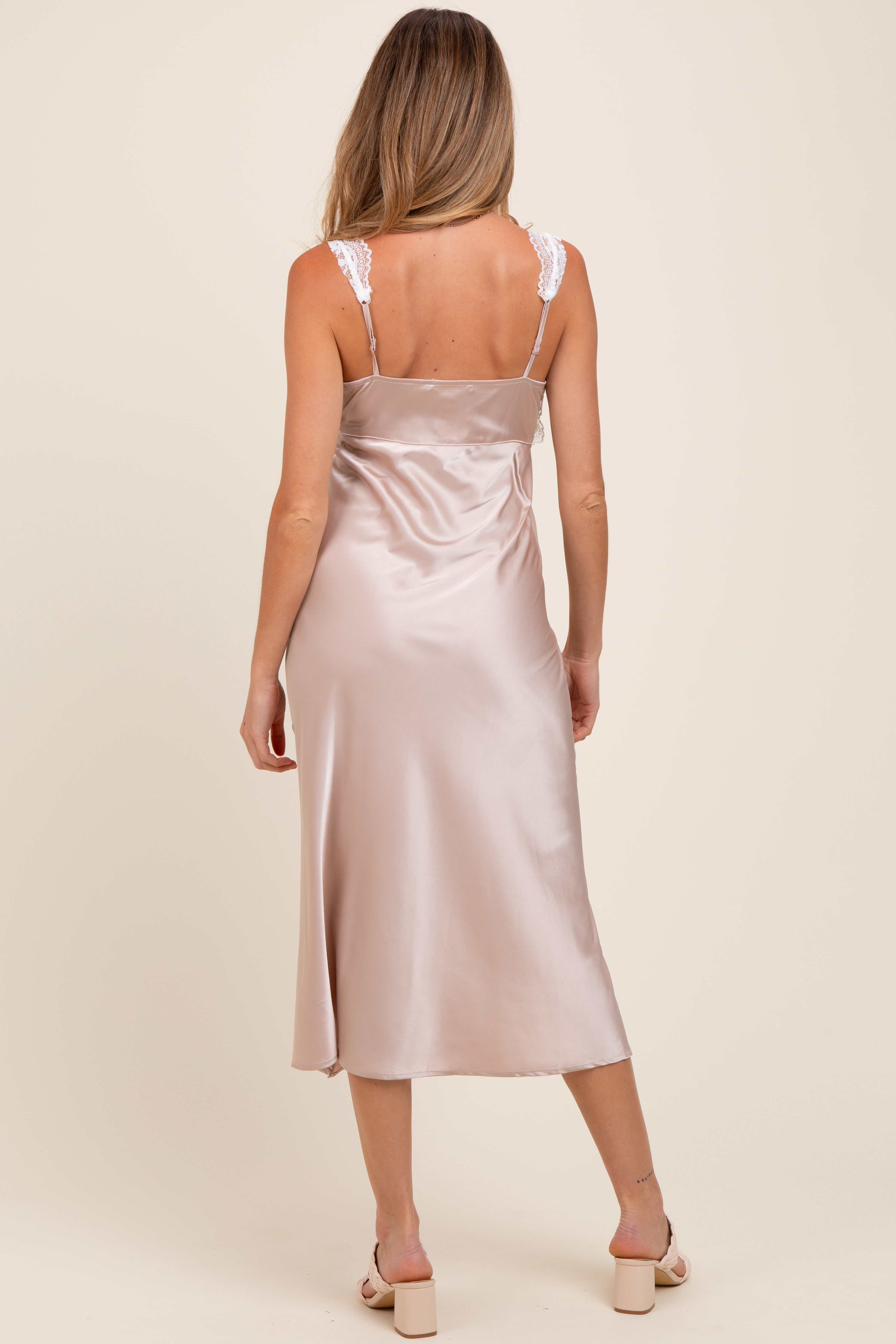 Beige Satin Lace Side Slit Maternity Slip Dress for Pregnancy Photos, Baby Shower & Nursing - Comfortable Stretchy Nursing Dress for Breastfeeding Mothers