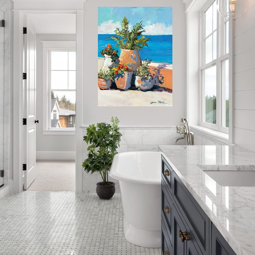 Coastal Greenery Canvas Wall Art - Hand Painted by Artist Jane Slivka - 32x43 Inch Ready to Hang Painting for Living Room, Bedroom & Office Decor - Beach House Style Home Décor for Coastal, Nautical & Boho Interiors