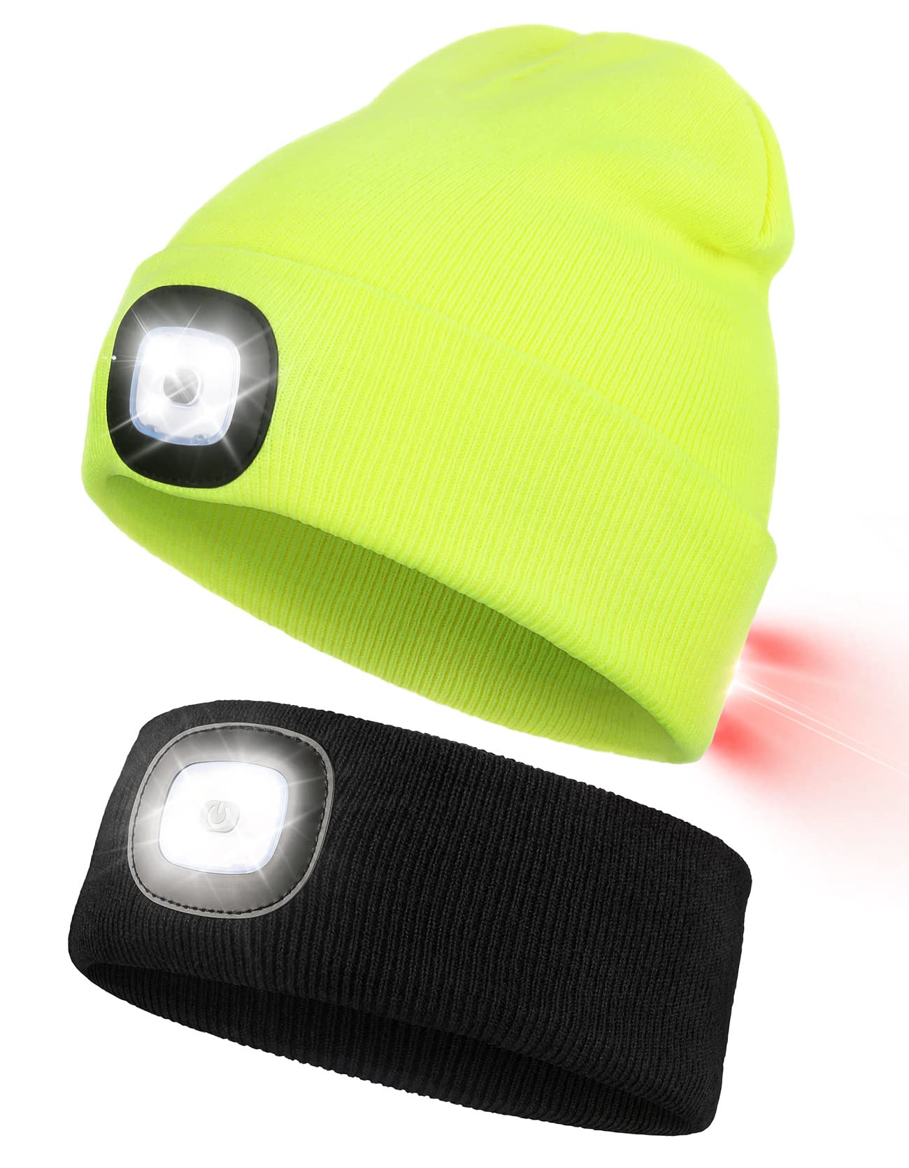 LED Sports Headband & Fluorescent Yellow Beanie Hat Bundle - Adjustable Light-Up Headwear for Running, Cycling & Night Activities
