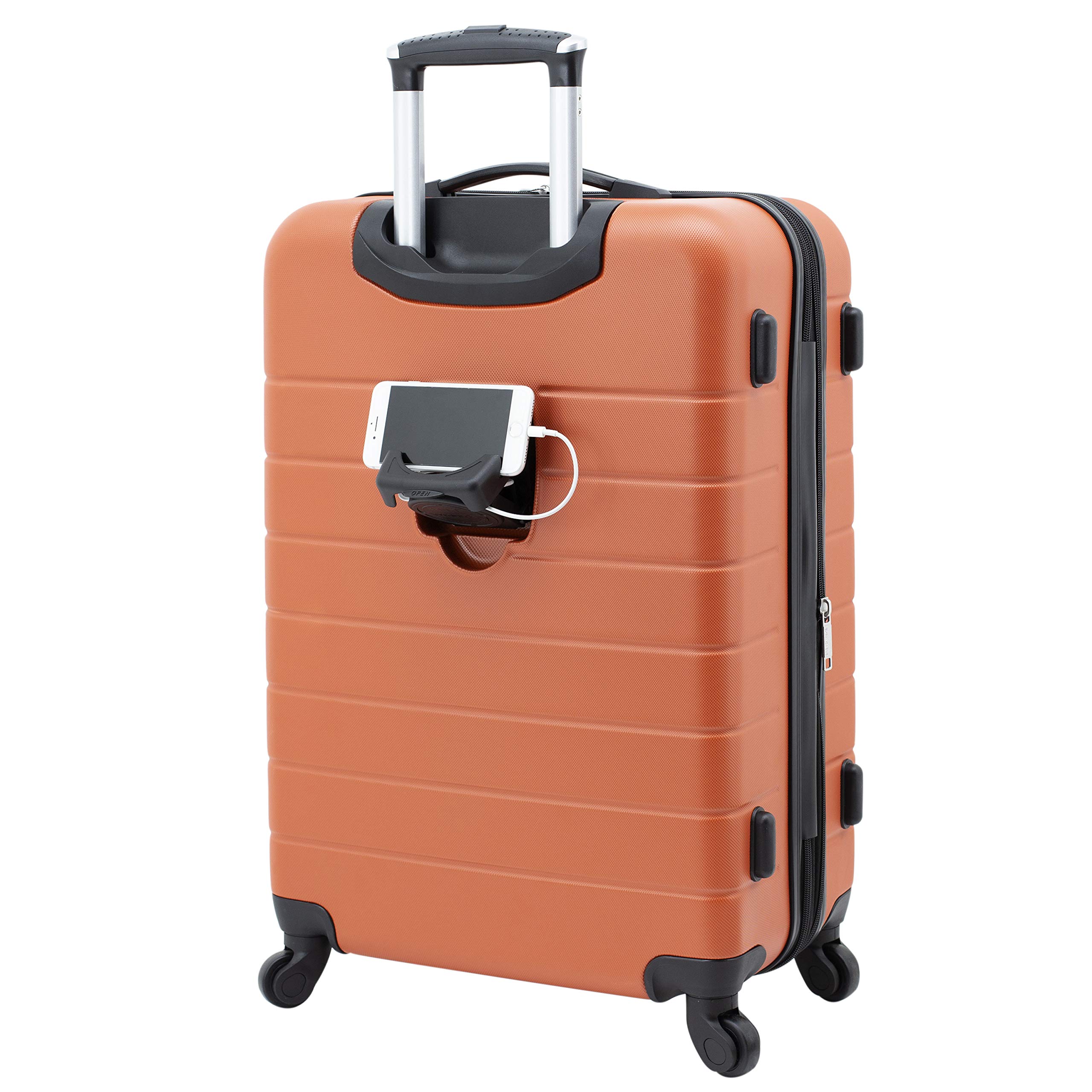 Wrangler Smart Luggage with Cup Holder & USB Charging Port - 3 Piece Carry-On Set (Burnt Orange) | Perfect for Business Travel, Family Vacations & Airport Convenience