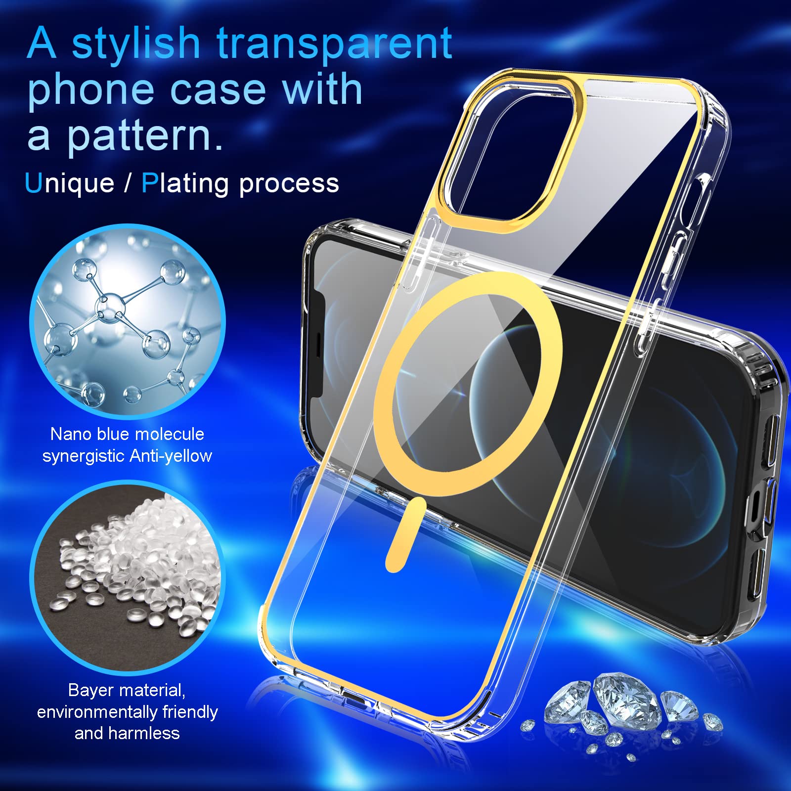 Magnetic Case for iPhone 12 Pro Max 6.7 Inch | MagSafe Compatible | Crystal Clear Sparkle Glitter | Non-Yellowing TPU+PC | Military Grade Shockproof Protection | Gold - Perfect for Everyday Use, Travel & Outdoor Activities
