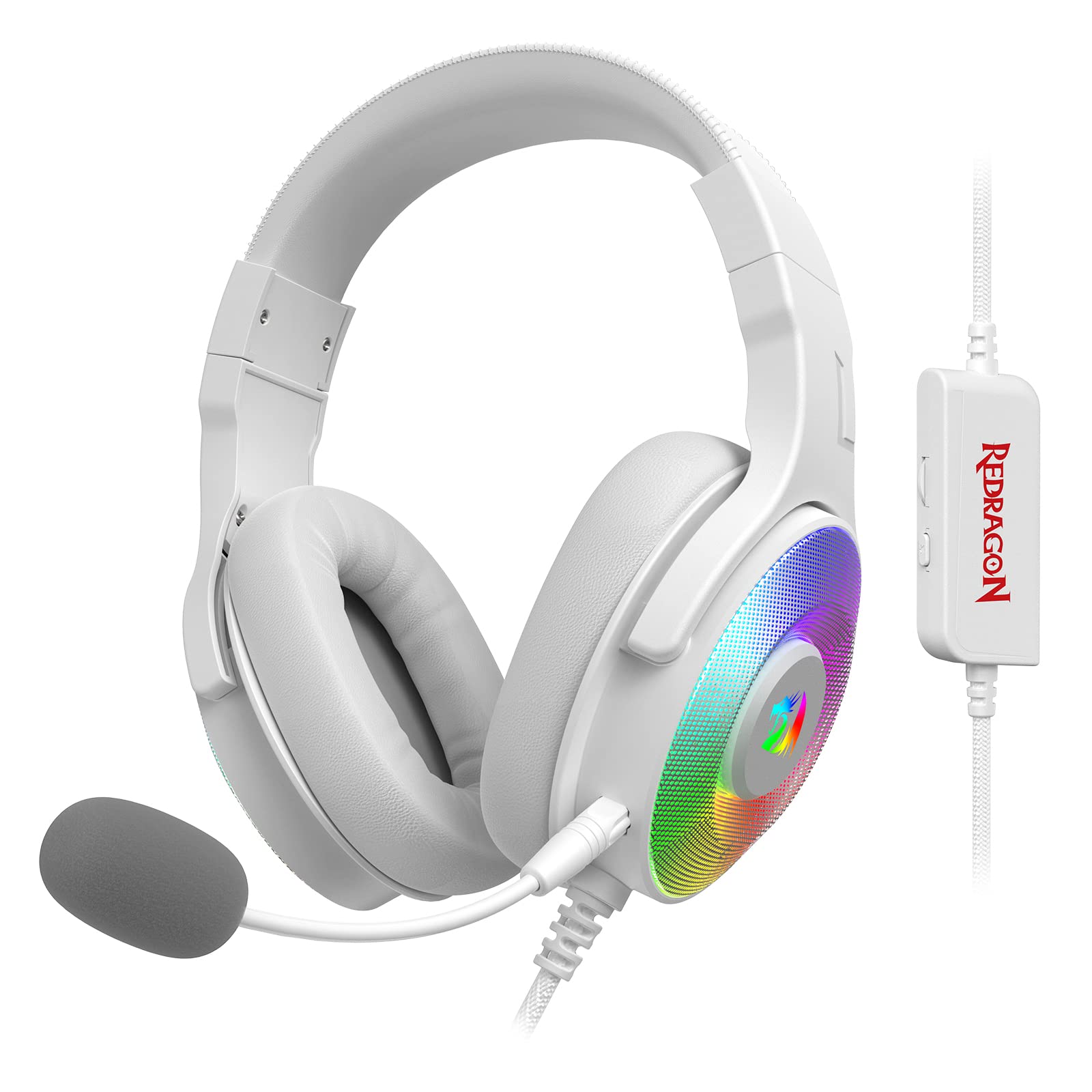 Redragon H350 Wired Gaming Headset - White, RGB Dynamic Backlit, 50mm Stereo Surround Sound, Detachable Mic, Over-Ear Headphones for PC, PS4, Xbox & Streaming