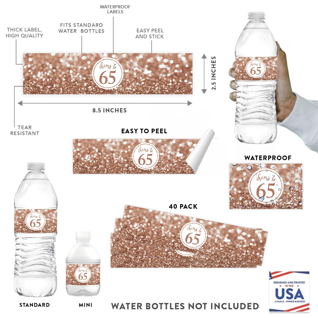 65th Birthday Water Bottle Labels - Glitzy Faux Glitter Rose Gold Stickers (20-Pack) for Women's Birthday Party Decorations & Anniversary Favors | Perfect for Celebrations, Party Decor, and Water Bottle Personalization