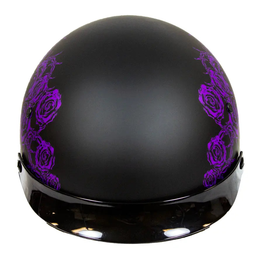VOSS 707FRP Black Skull and Rose Half Helmet with Peak - DOT Approved Motorcycle Helmet for Men & Women - Perfect for Cruiser, Chopper, and Harley Riders