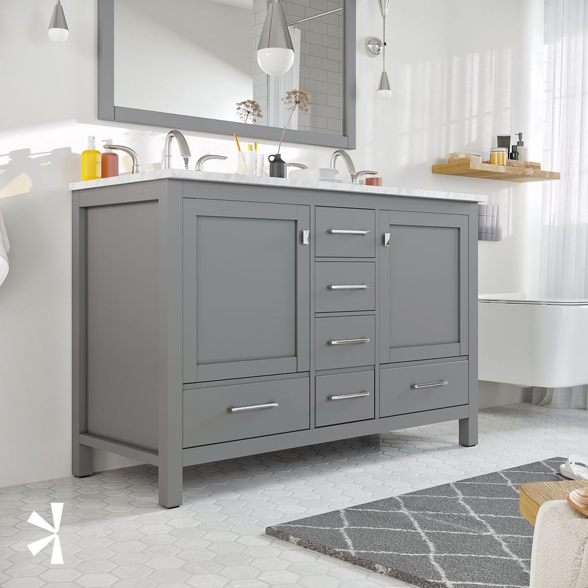48 Inch Freestanding Bathroom Vanity with Gray Cabinet & Carrara Marble Top - Double Sink Vanity with Spacious Storage - Modern Wood Countertop Combo for Master Bath, Guest Bath & Powder Room