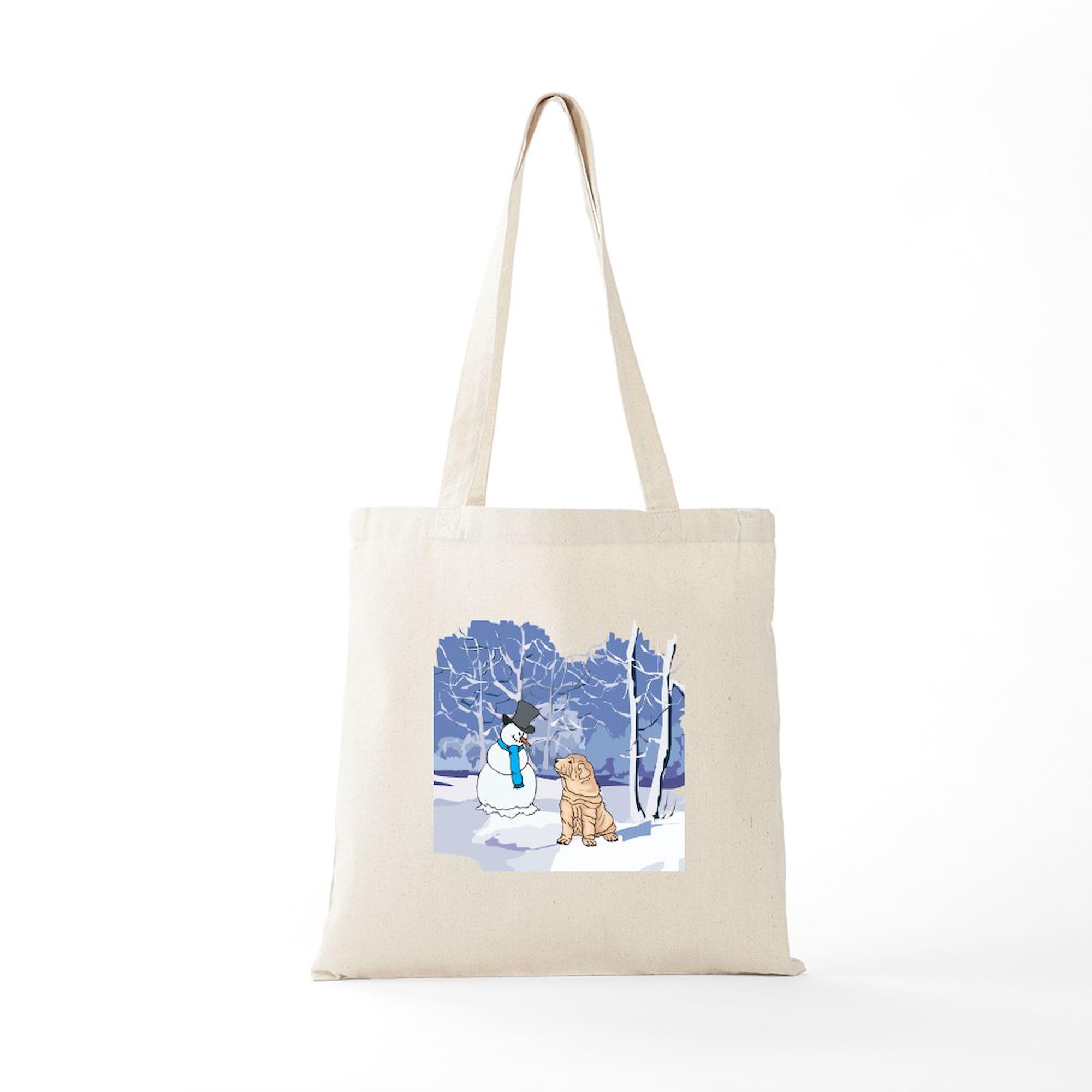 Snowman & Shar Pei Holiday Tote Bag - Natural Canvas Reusable Shopping Bag for Groceries, Beach, Work & Christmas Gifts