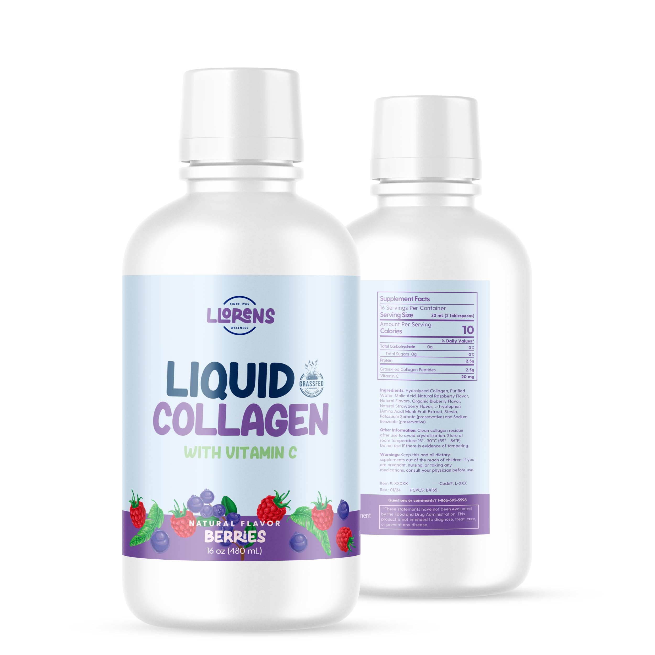Premium Liquid Collagen Supplement for Women - 2.5g Daily Dose with Vitamin C | Natural Berries Flavor | 16 Fl Oz Bottle | Supports Healthy Skin, Hair, Nails, Joints & Bones | Llorens Wellness | Perfect for Post-Workout Recovery & Anti-Aging Routine