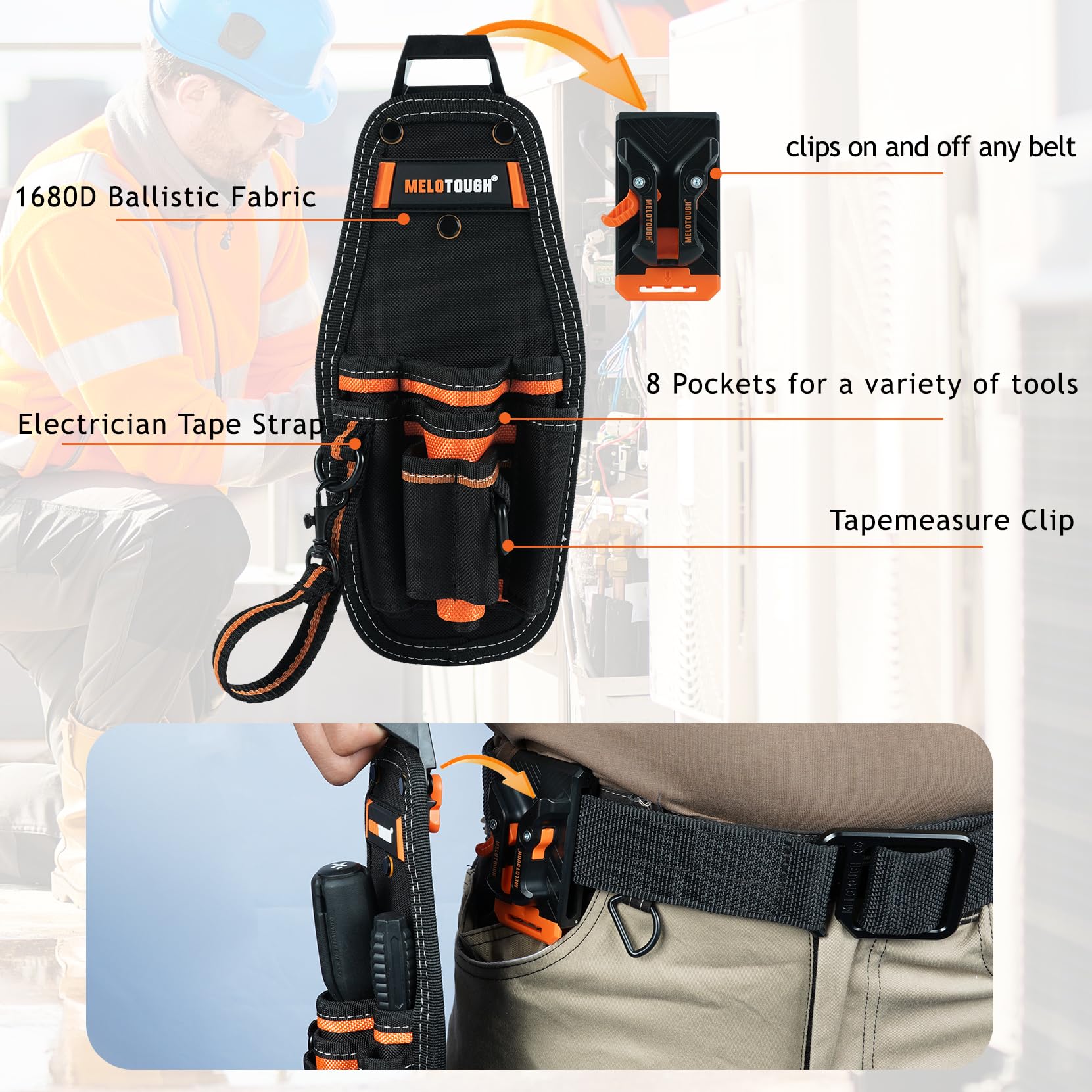 MELOTOUGH Small Tool Pouch with Quick Release Belt Clip - Compact Work Organizer with Tape Thong Strap for Electricians, Carpenters & DIY Projects | Durable Tool Belt Accessory for Home Repair & Construction Work