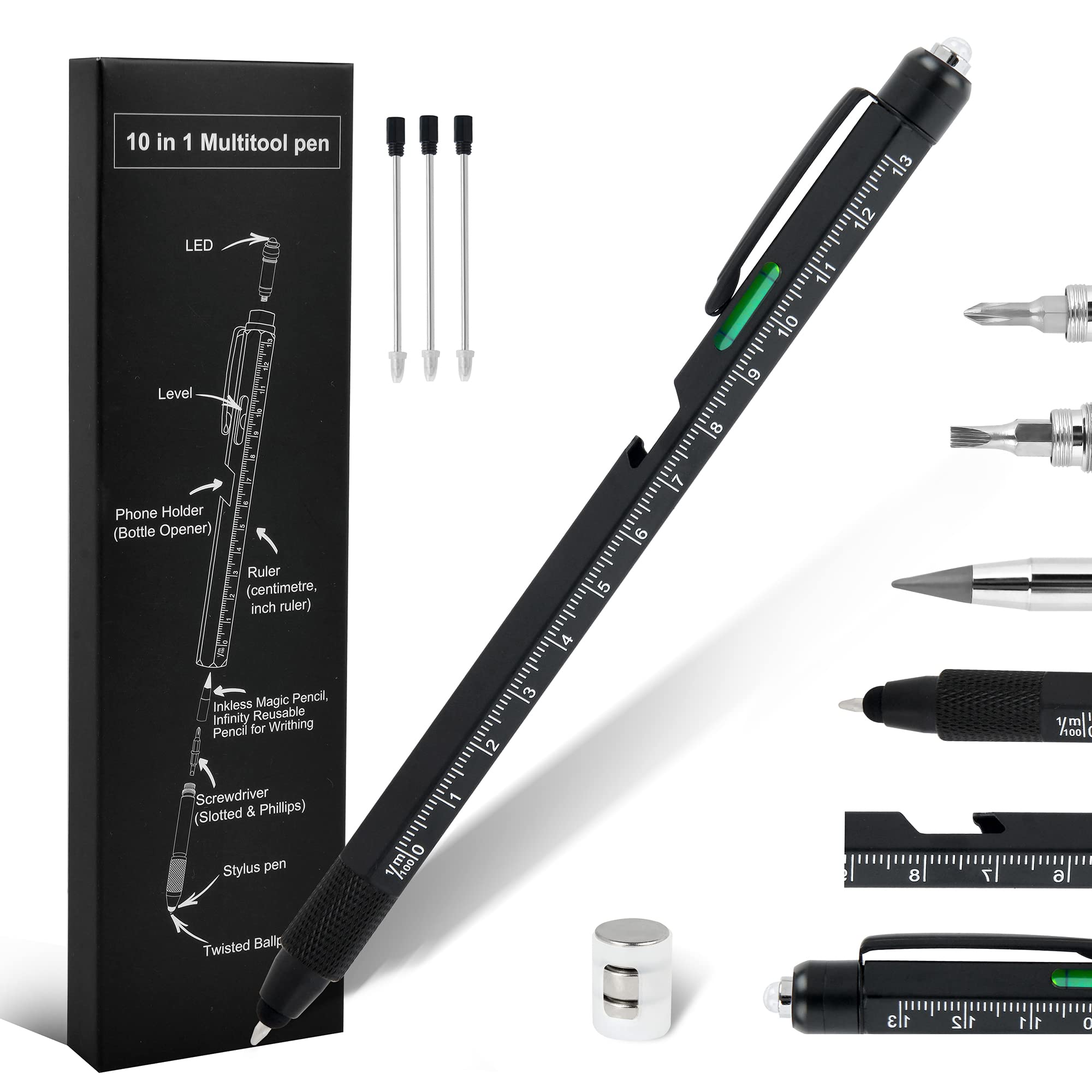 10-in-1 Multitool Pen for Men - Perfect Gift for Dad, Boyfriend, Teachers & Graduation - Cool Gadgets with Screwdriver, Ruler & Stylus - Great for Office, Camping, DIY & Everyday Carry (ECG)