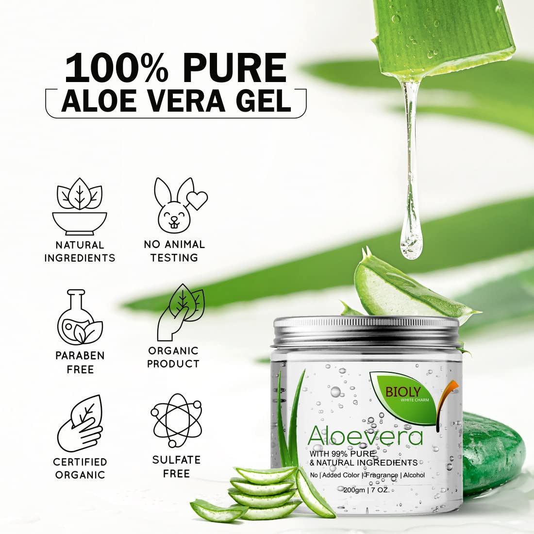 BIOLY WHITE CHARM Pure Aloe Vera Gel with Vitamin E for Face, Skin & Hair Care - Transparent Hydrating Gel (2-Pack) | Soothes Sunburn, Moisturizes Dry Skin & Conditions Hair
