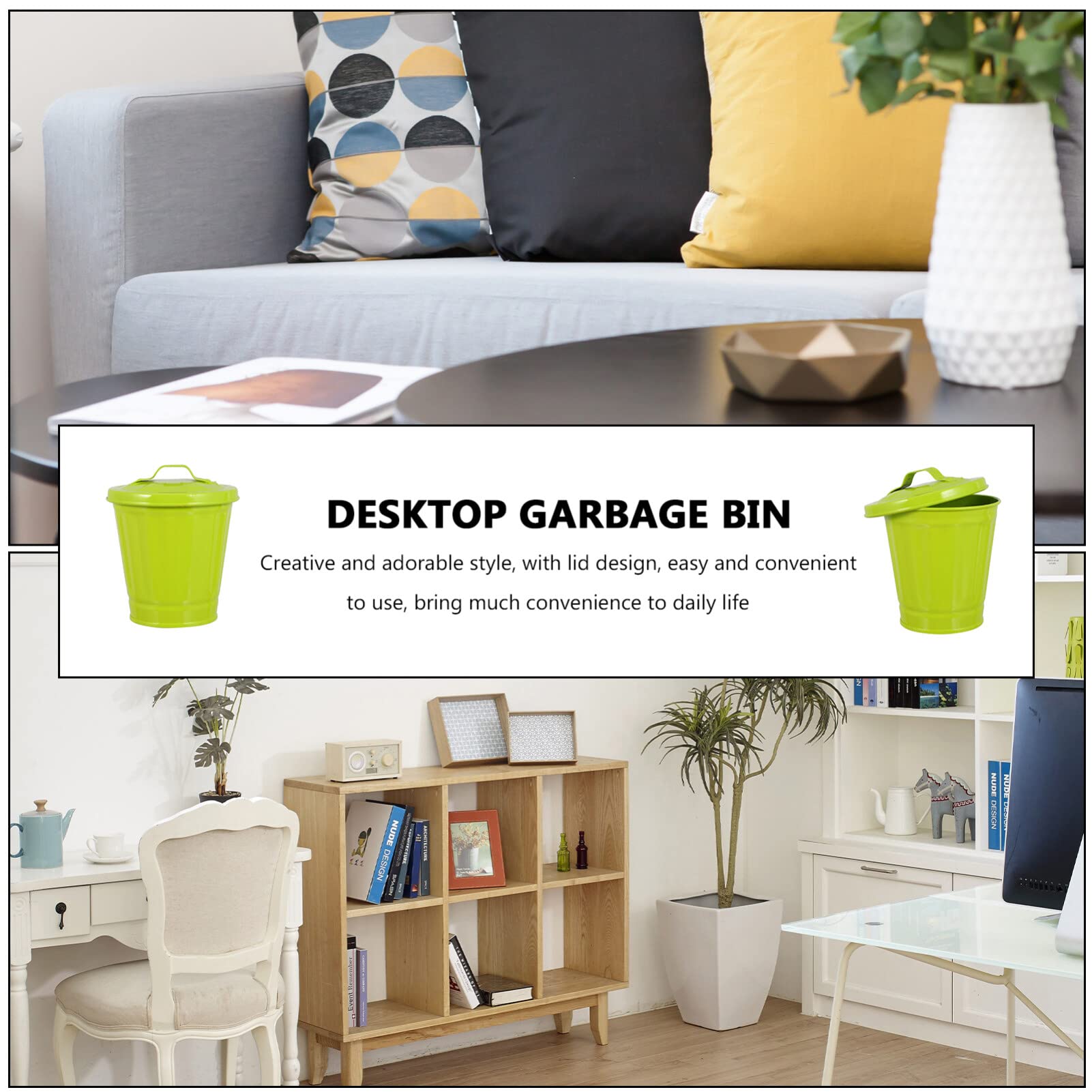 iplusmile Metal Trash Can with Lid - 1.6 Gallon Small Wastebasket for Office, Classroom, Kitchen & Bathroom - Green Desktop Garbage Can for Paper Waste & Recycling - Durable Utility Pail for Home, School & Office Organization