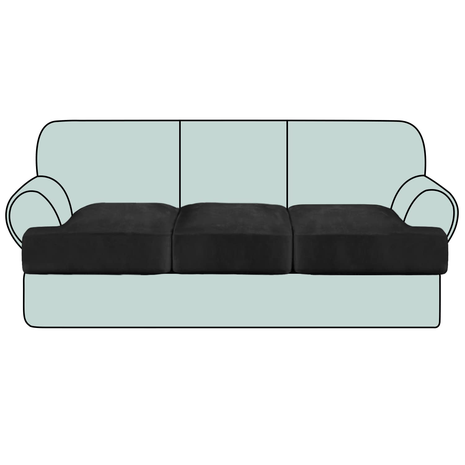 Stretch Velvet 3-Piece Sofa Slipcover Set - Elastic T Cushion Covers for 3-Seat Couches (Black) | Living Room Furniture Protection & Home Decor Upgrade