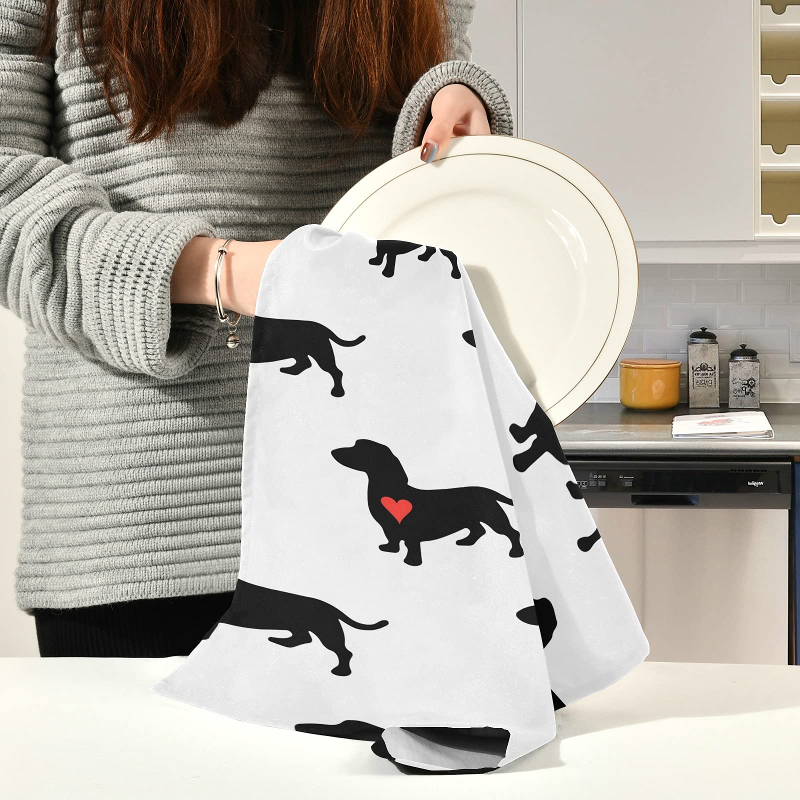 **Cute Heart Dachshund Dog Kitchen Towels - 1 Pack Reusable Absorbent Dish Cloths, Hand & Tea Towels (28